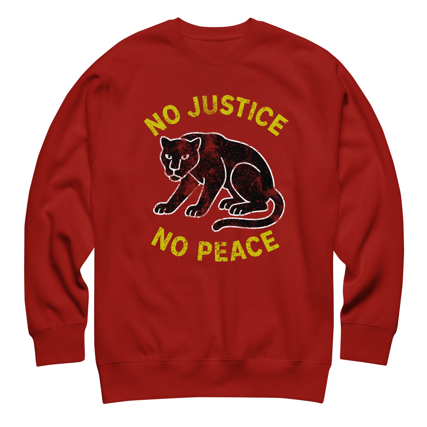 Red unisex sweatshirt displaying “NO JUSTICE NO PEACE” with distressed panther illustration. Progressive apparel designed for justice-minded supporters.