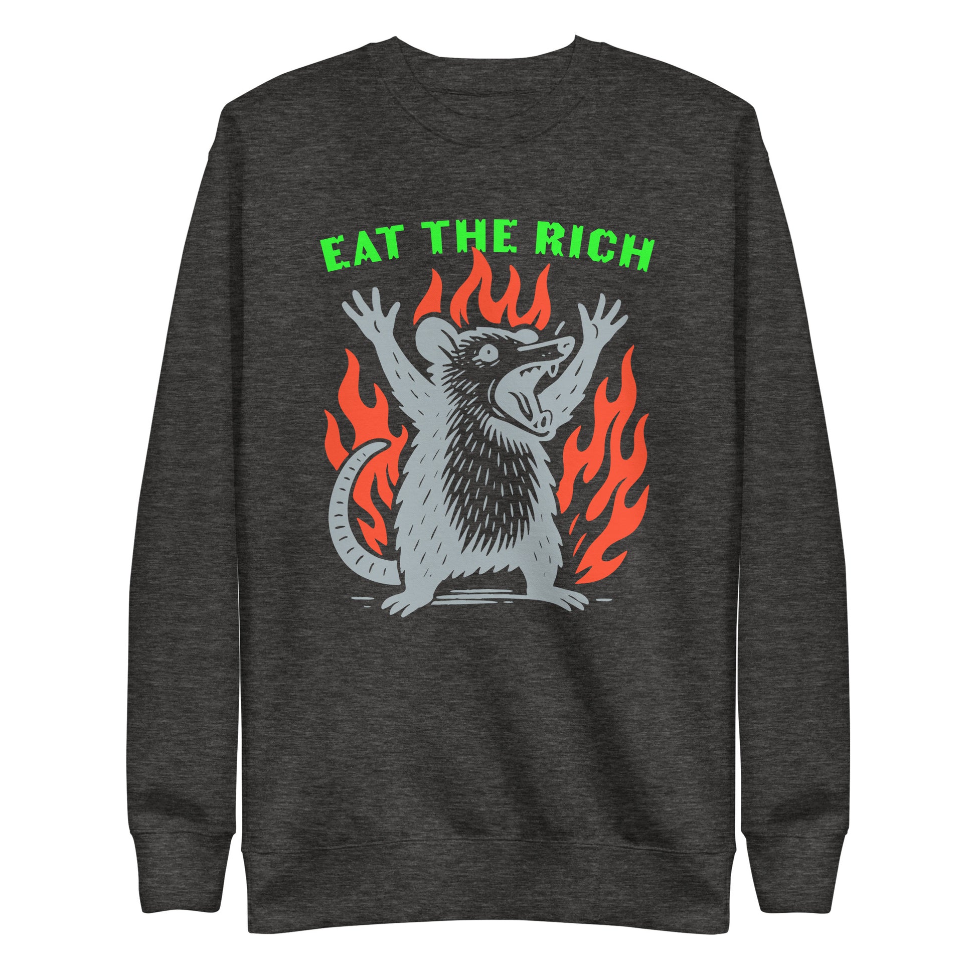 Front View Image: Eat The Rich Opossum Sweatshirt – bold protest design with flames