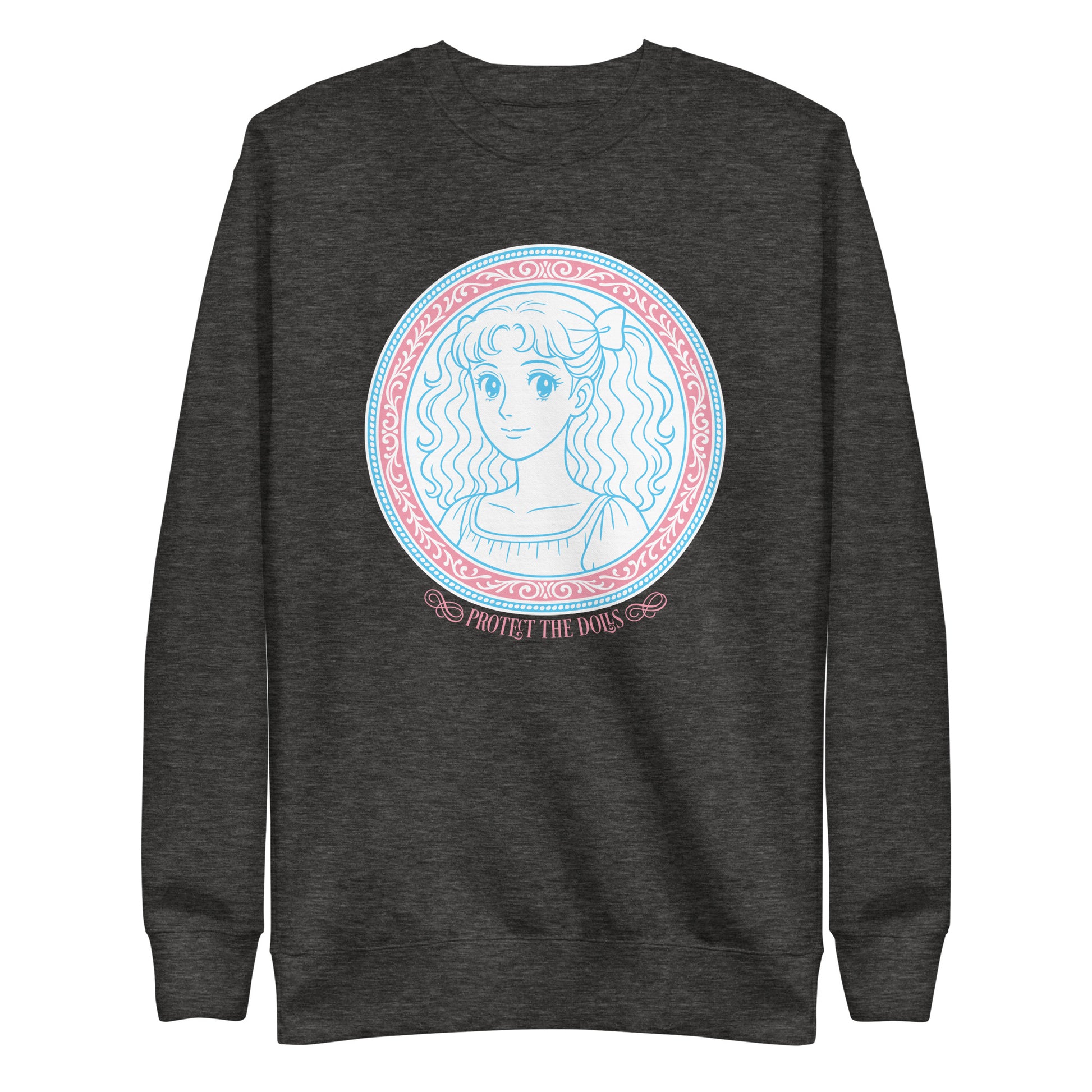 Front View Image: Protect The Dolls premium sweatshirt with pastel trans pride anime design
