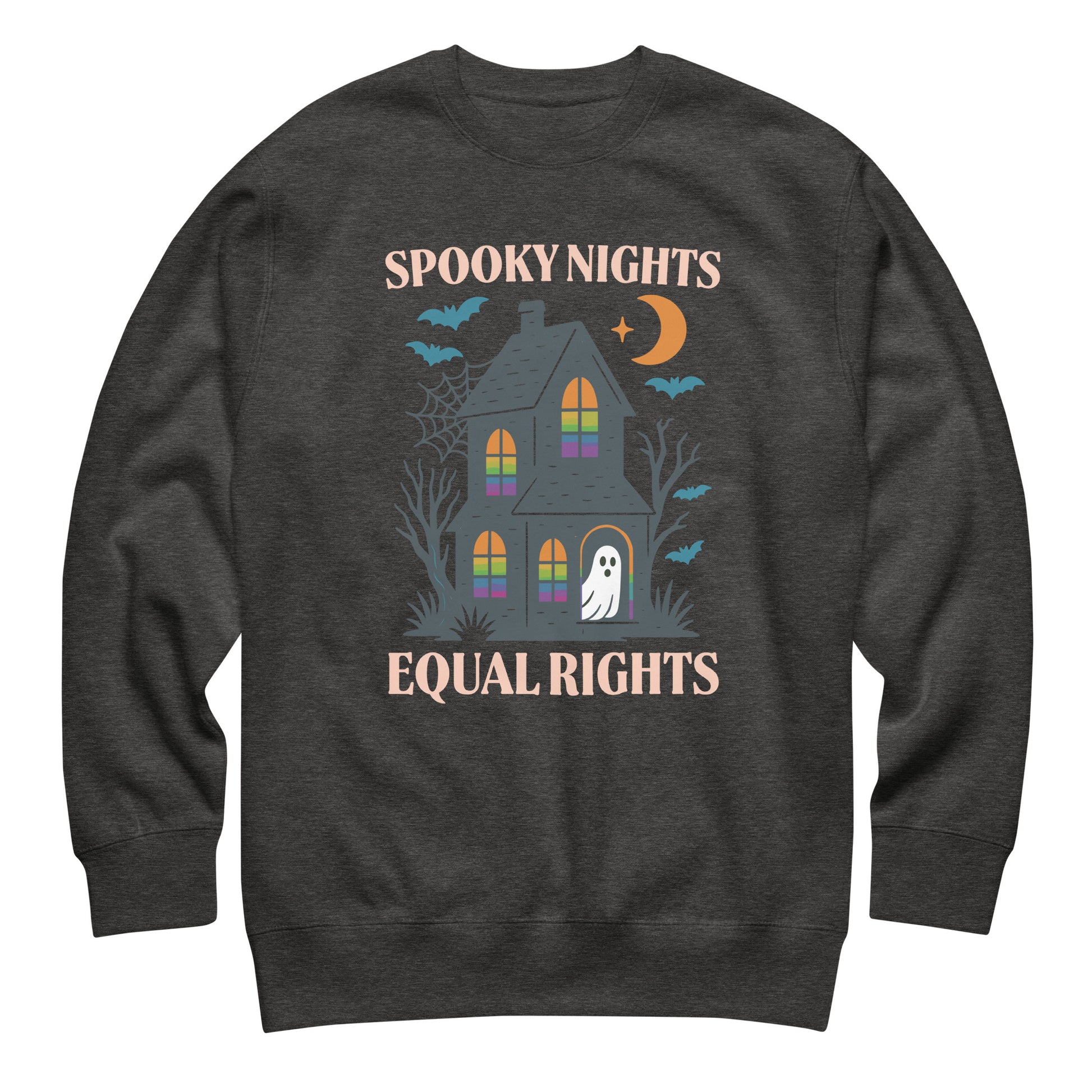 Heather gray Halloween sweatshirt with haunted house and bat design, equality-themed spooky season apparel.