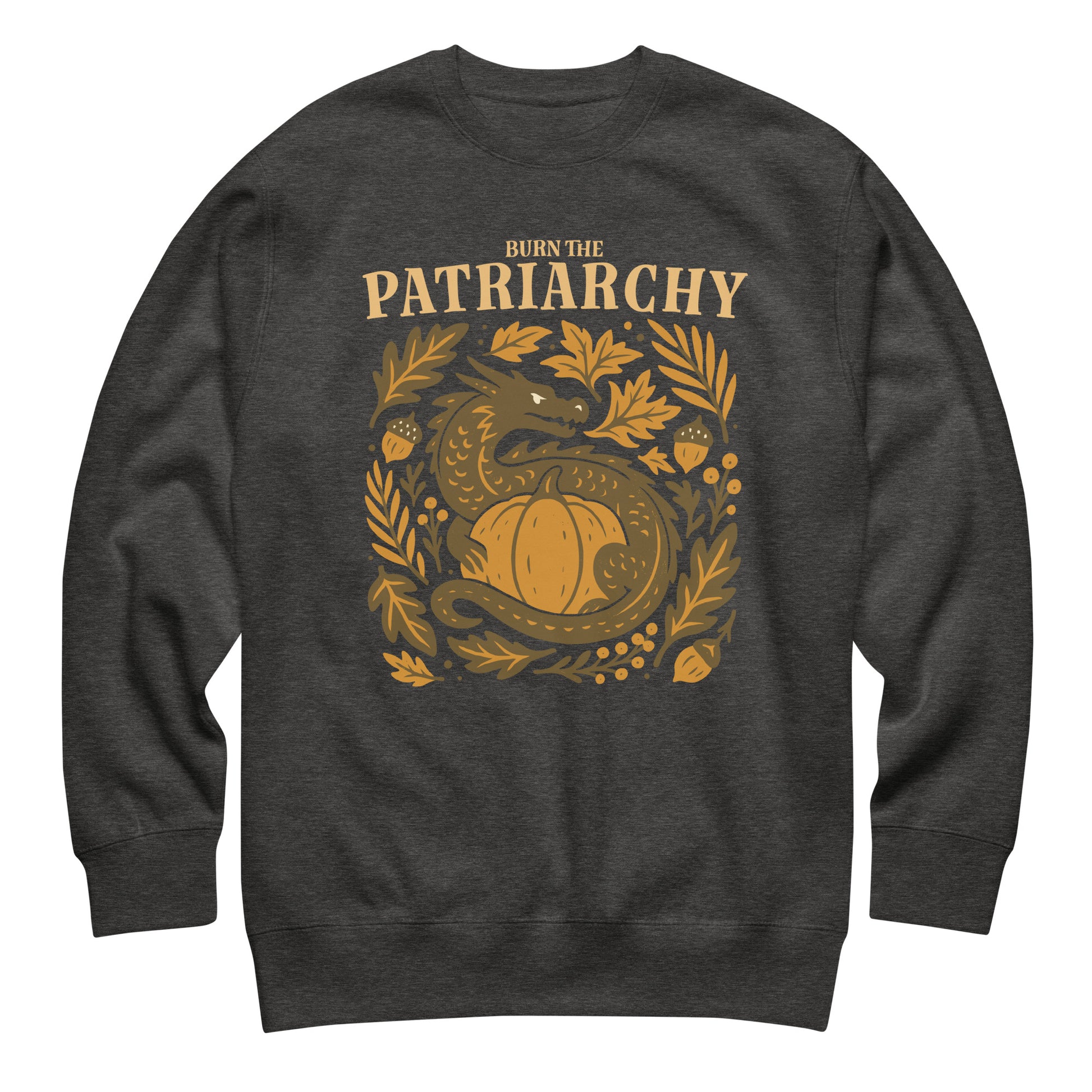 Heather gray “Burn the Patriarchy” feminist dragon crewneck, soft activist fall sweatshirt with botanical design.