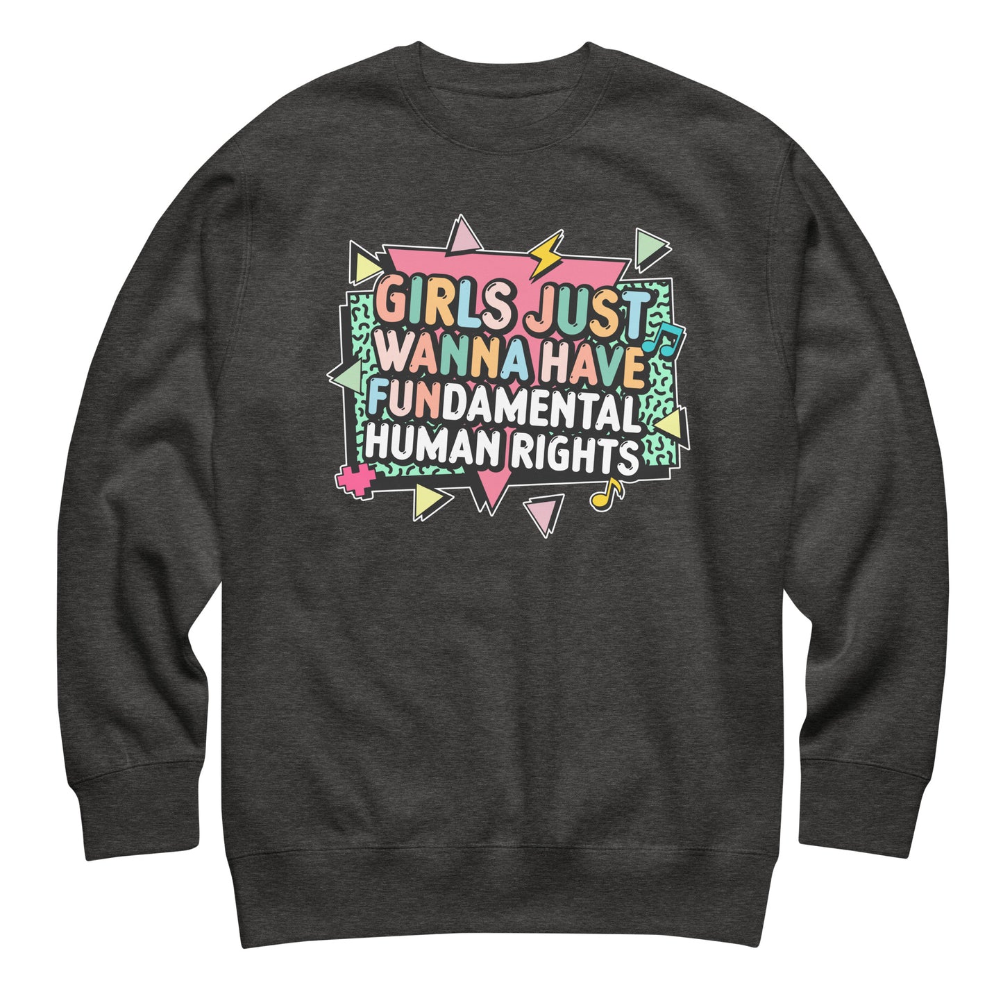Dark heather gray sweatshirt featuring bold geometric lettering and lightning bolt motifs. Comfortable feminist apparel perfect for everyday wear.