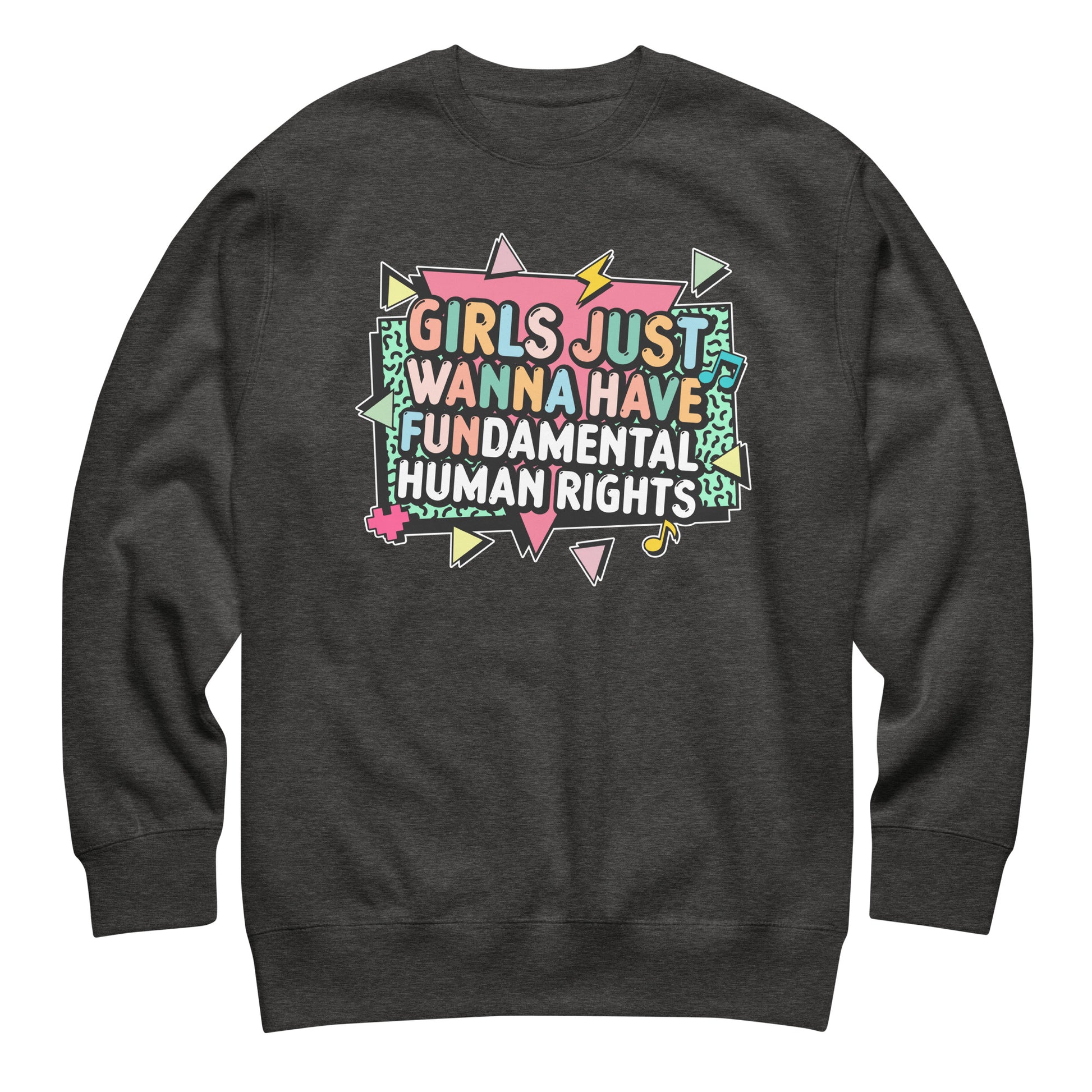 Dark heather gray sweatshirt featuring bold geometric lettering and lightning bolt motifs. Comfortable feminist apparel perfect for everyday wear.