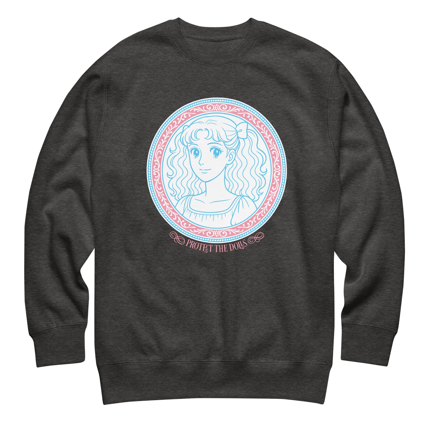 Charcoal heather gray unisex premium sweatshirt featuring pastel blue illustrated portrait within pink decorative circle and the phrase “Protect The Dolls Trans.”