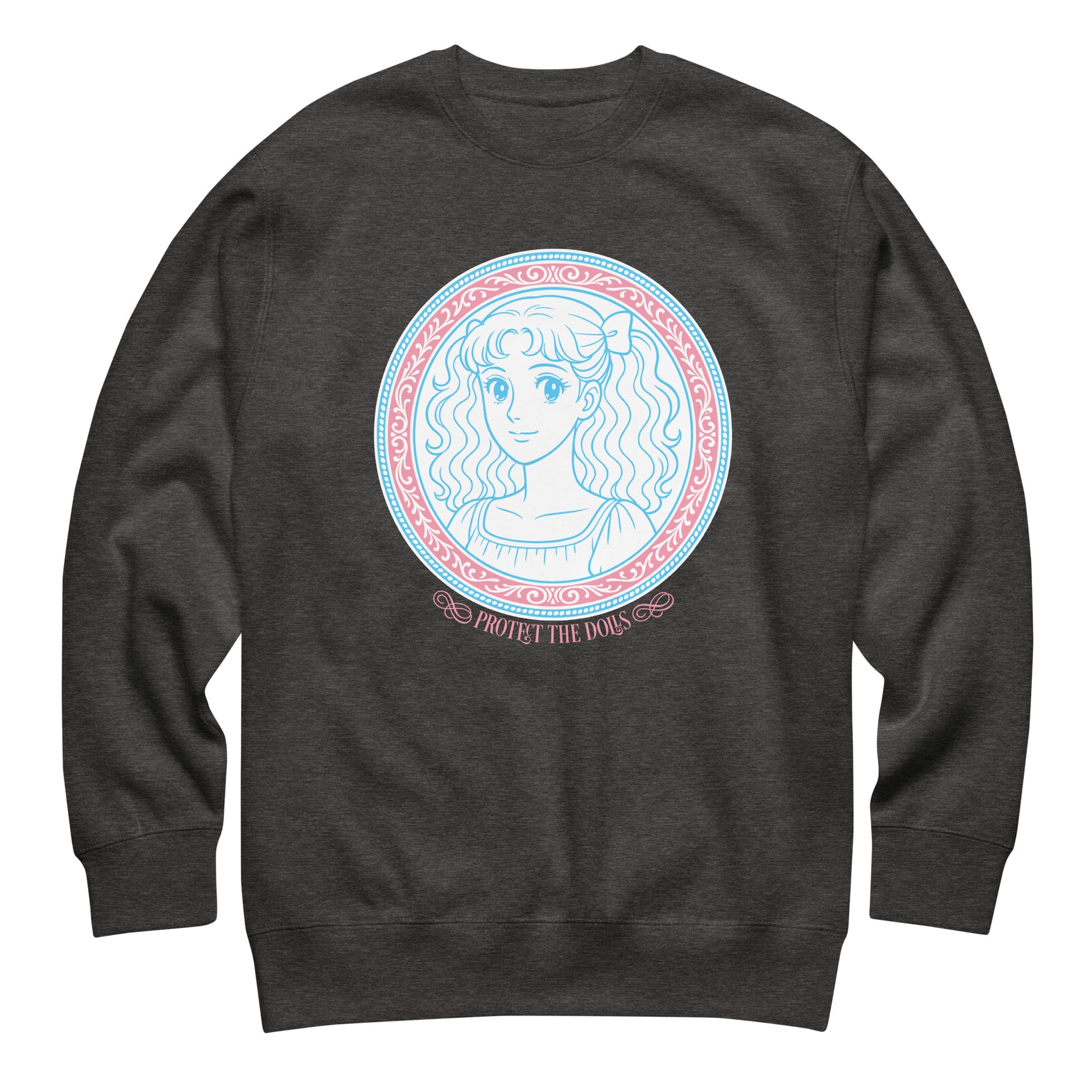 Charcoal heather gray unisex premium sweatshirt featuring pastel blue illustrated portrait within pink decorative circle and the phrase “Protect The Dolls Trans.”