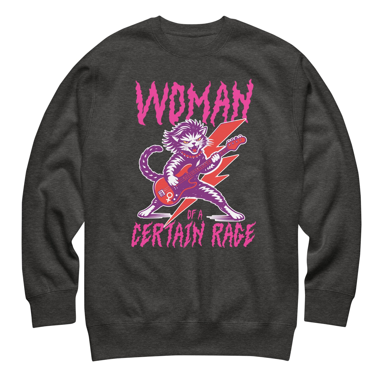 Charcoal gray heather unisex premium sweatshirt displayed flat, featuring the feminist punk rock cat illustration and distressed lettering reading “WOMAN OF A CERTAIN RAGE,” from Blue Wave USA.