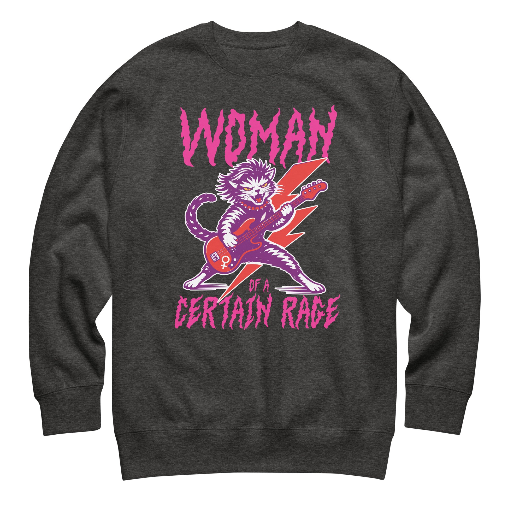 Charcoal gray heather unisex premium sweatshirt displayed flat, featuring the feminist punk rock cat illustration and distressed lettering reading “WOMAN OF A CERTAIN RAGE,” from Blue Wave USA.