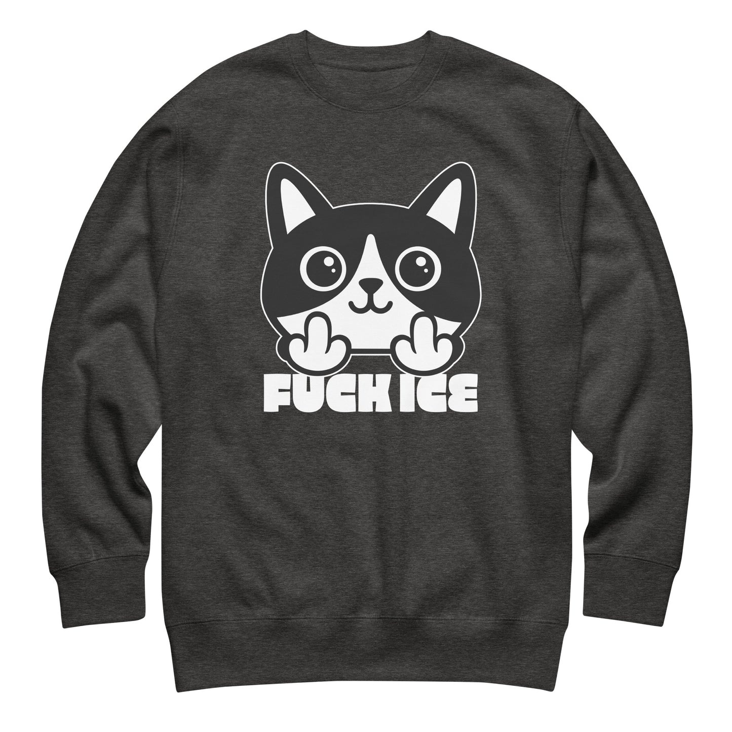 Charcoal heather unisex premium sweatshirt with bold graphic cat illustration giving the middle finger, white print details, centered composition, printed message “FUCK ICE,” by Blue Wave USA.