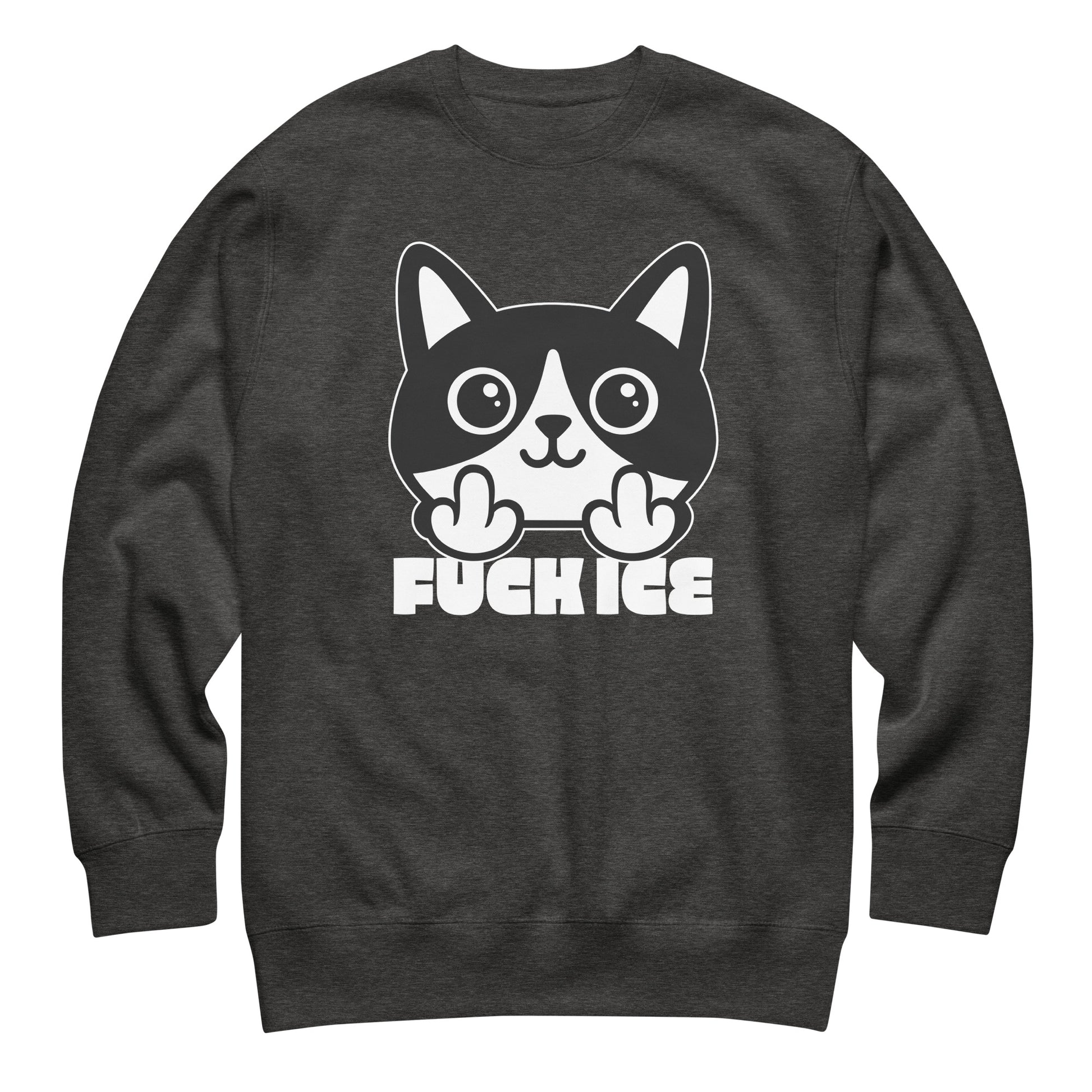 Charcoal heather unisex premium sweatshirt with bold graphic cat illustration giving the middle finger, white print details, centered composition, printed message “FUCK ICE,” by Blue Wave USA.