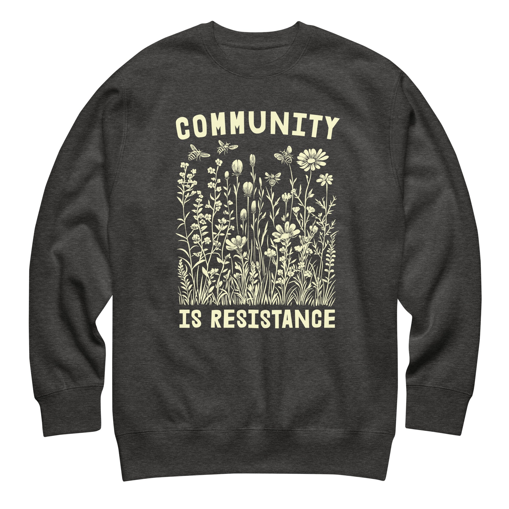 Charcoal heather gray unisex premium sweatshirt featuring wildflower botanical illustration and vintage typography, progressive apparel from Blue Wave USA.