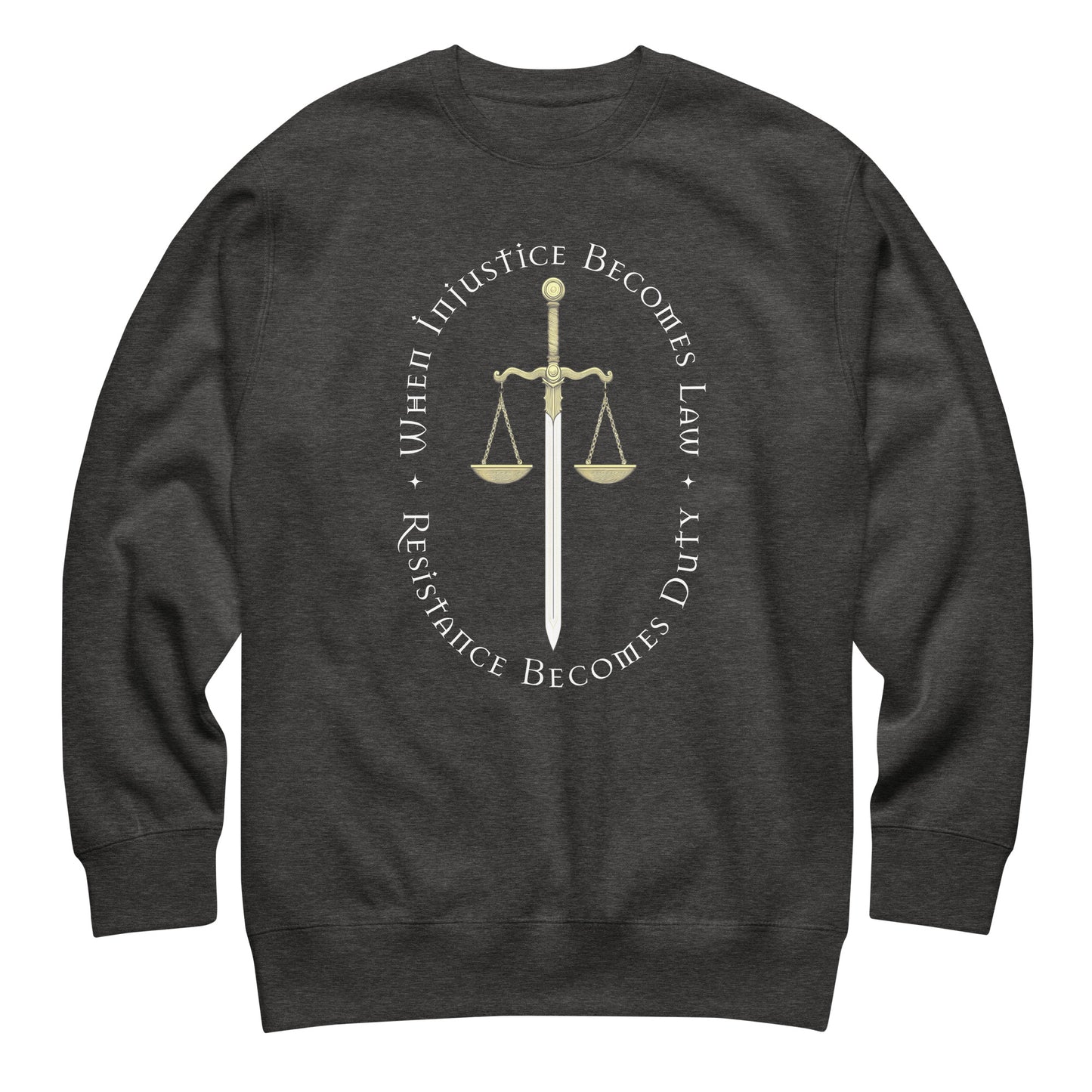 Charcoal heather gray unisex premium sweatshirt featuring Sword of Justice and scales illustration with circular typography, justice-themed apparel.