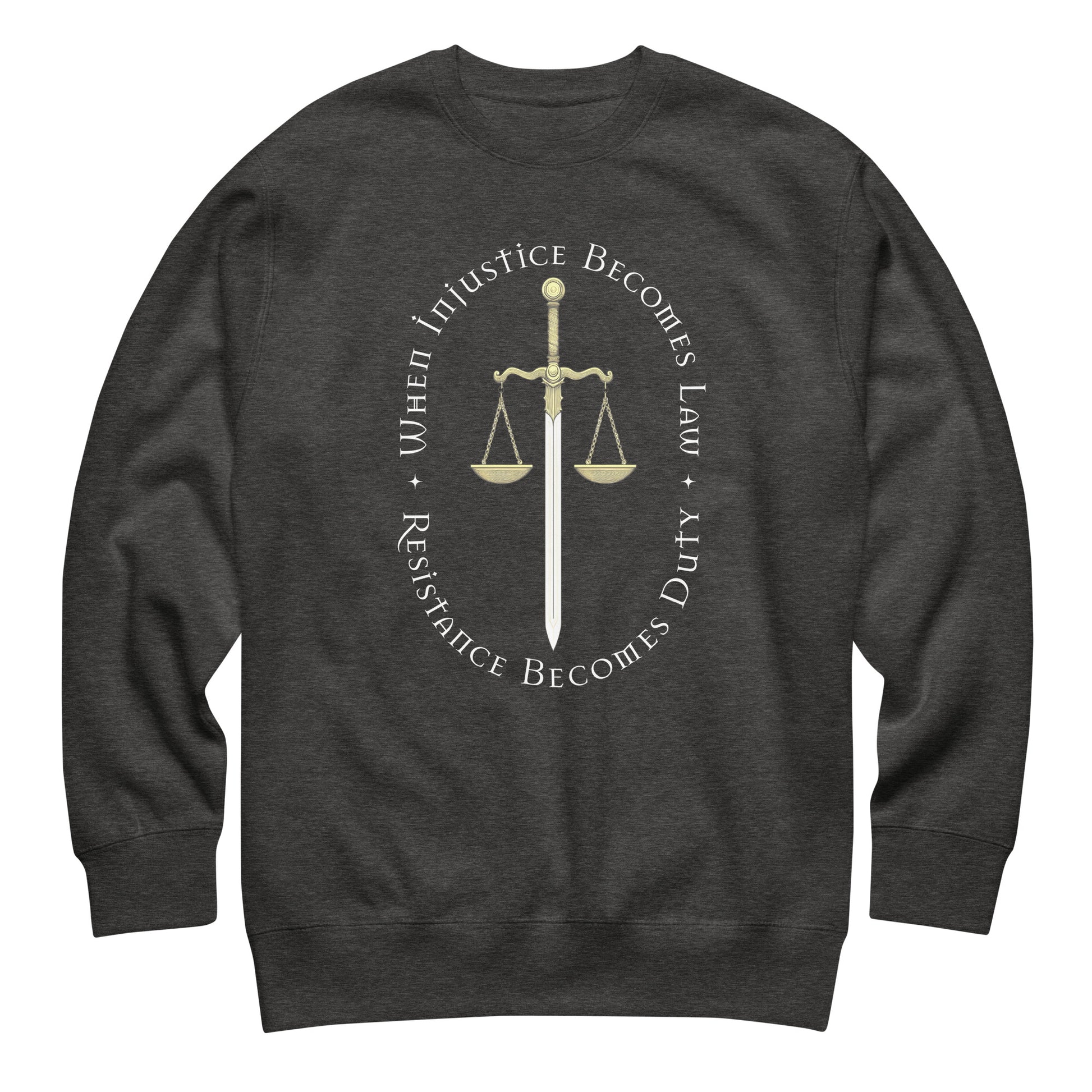 Charcoal heather gray unisex premium sweatshirt featuring Sword of Justice and scales illustration with circular typography, justice-themed apparel.