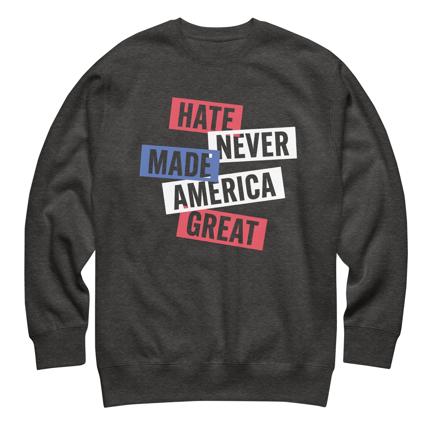 Charcoal gray unisex premium sweatshirt featuring stacked red, white, and blue typography, centered progressive activist apparel from Blue Wave USA.