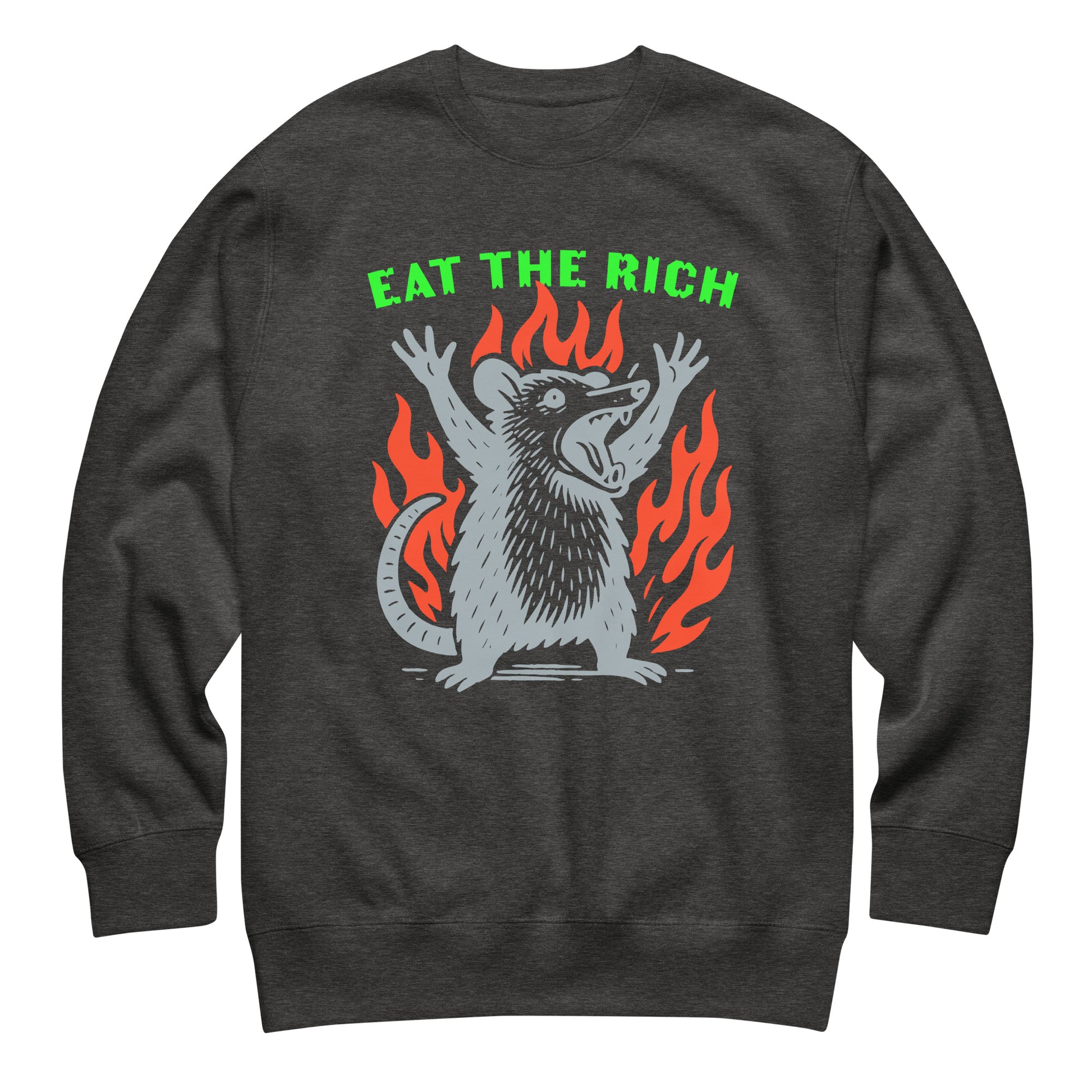 Dark heather gray unisex premium sweatshirt featuring flaming opossum artwork and bold “Eat The Rich” anti-capitalist activist design.