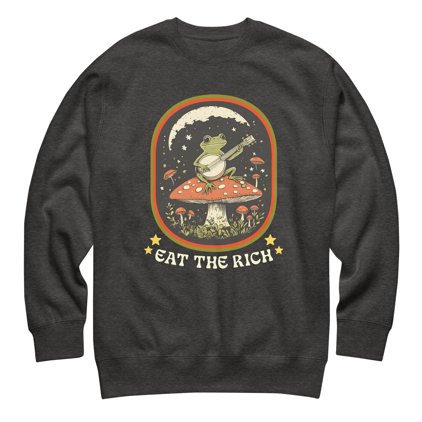 Dark heather gray unisex premium sweatshirt featuring frog playing banjo on mushroom with vintage “Eat The Rich” anti-capitalist artwork.