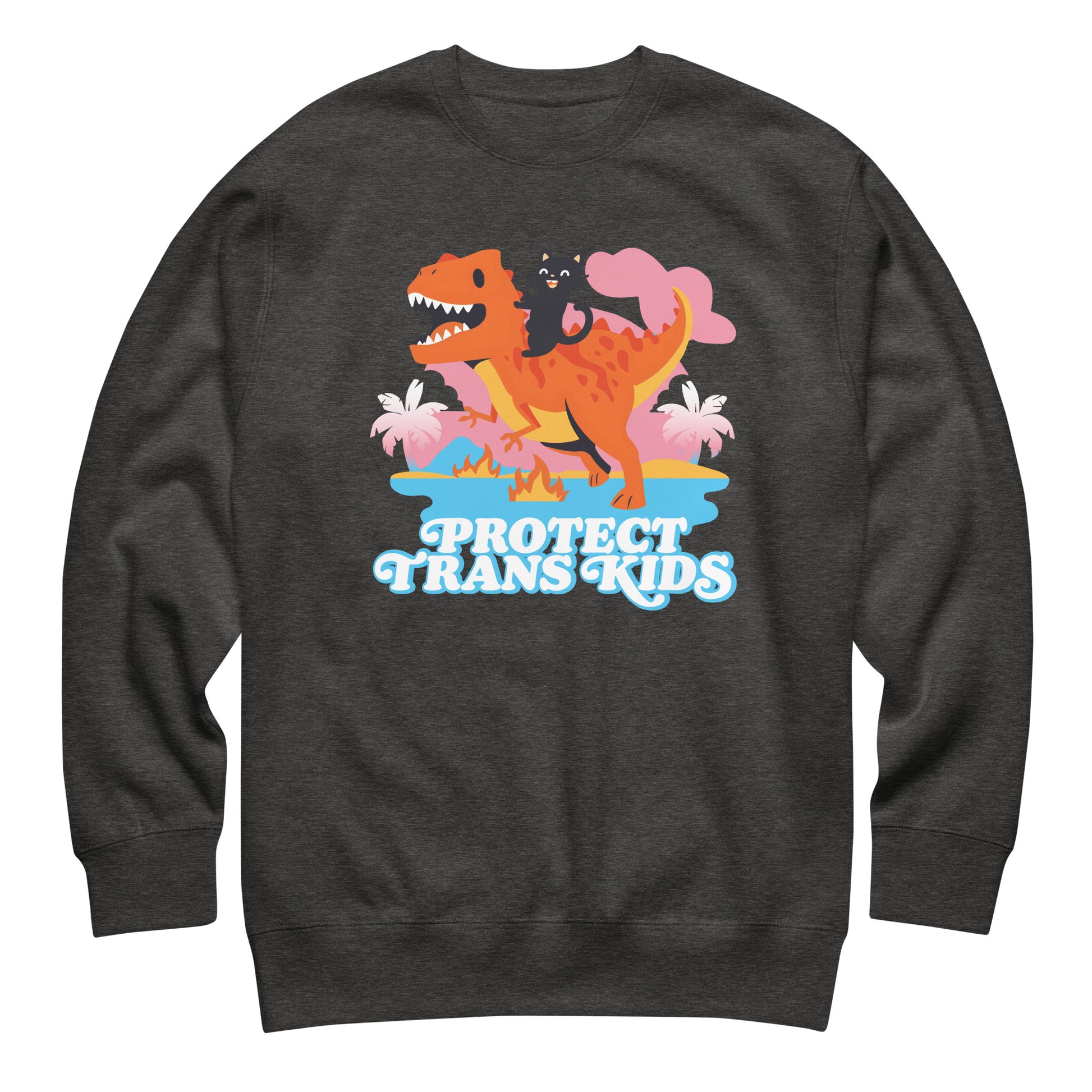 Dark heather gray unisex premium sweatshirt featuring vibrant dinosaur and ally cat illustration above bold vintage typography reading “Protect Trans Kids,” justice-focused design by Blue Wave USA.
