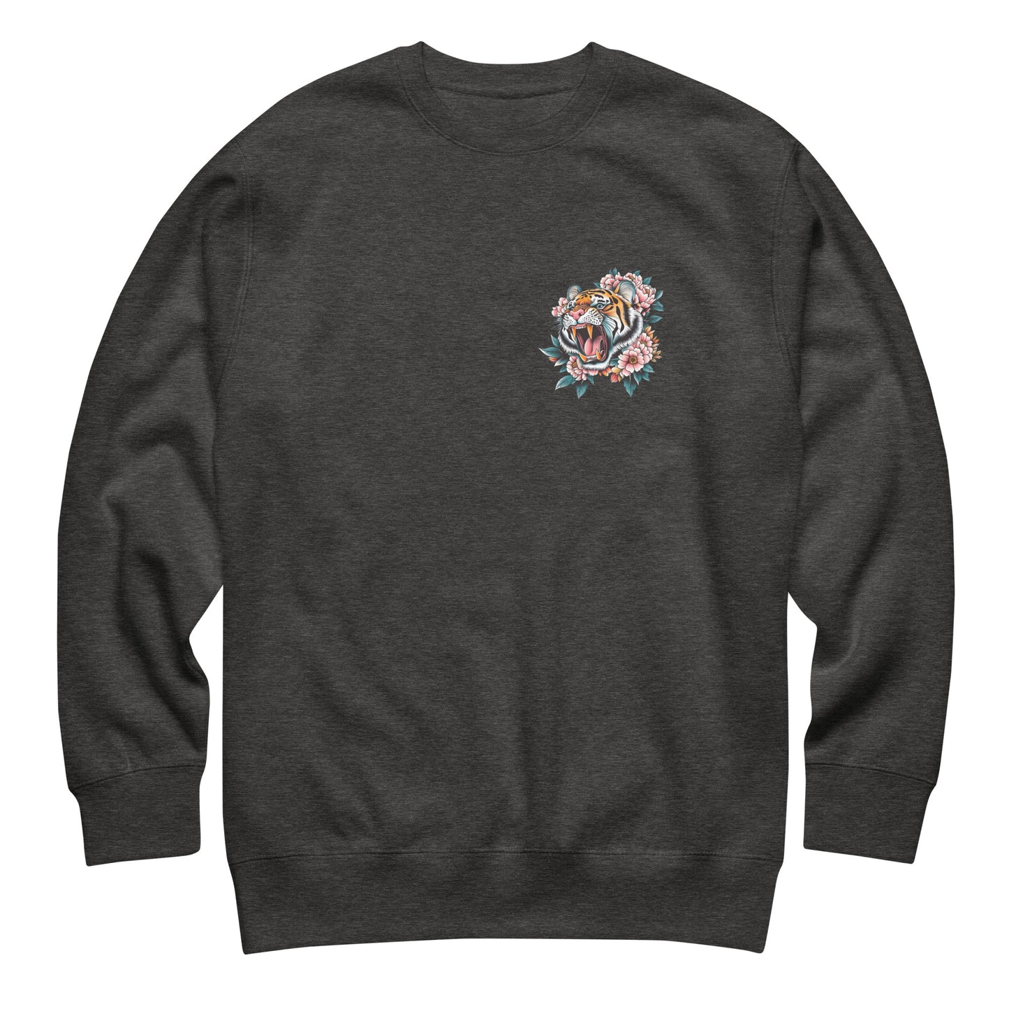 Dark gray unisex premium sweatshirt featuring small tiger emblem on chest, minimalist companion artwork for “Women Don’t Owe You Sh*t” equality-focused design.