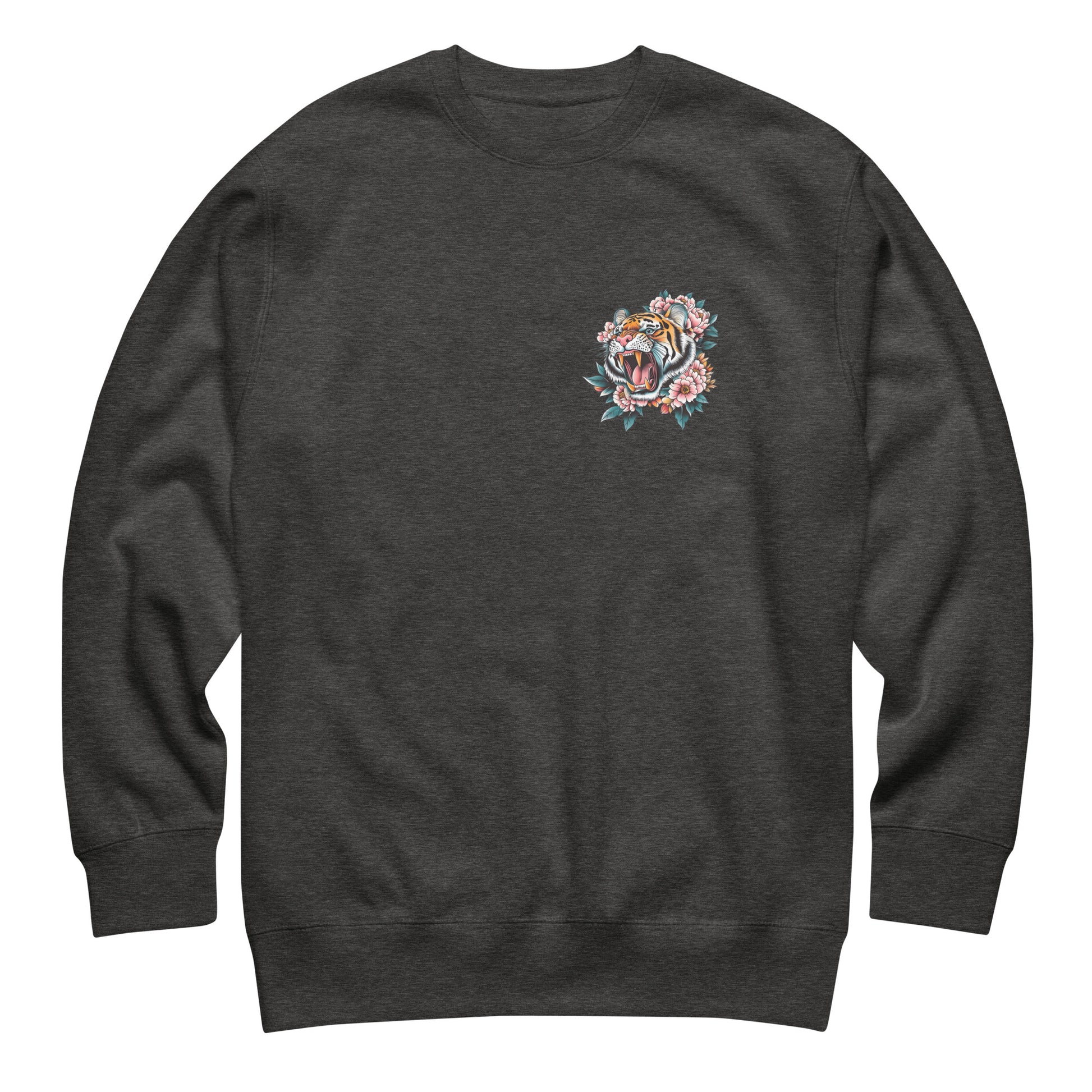 Dark gray unisex premium sweatshirt featuring small tiger emblem on chest, minimalist companion artwork for “Women Don’t Owe You Sh*t” equality-focused design.