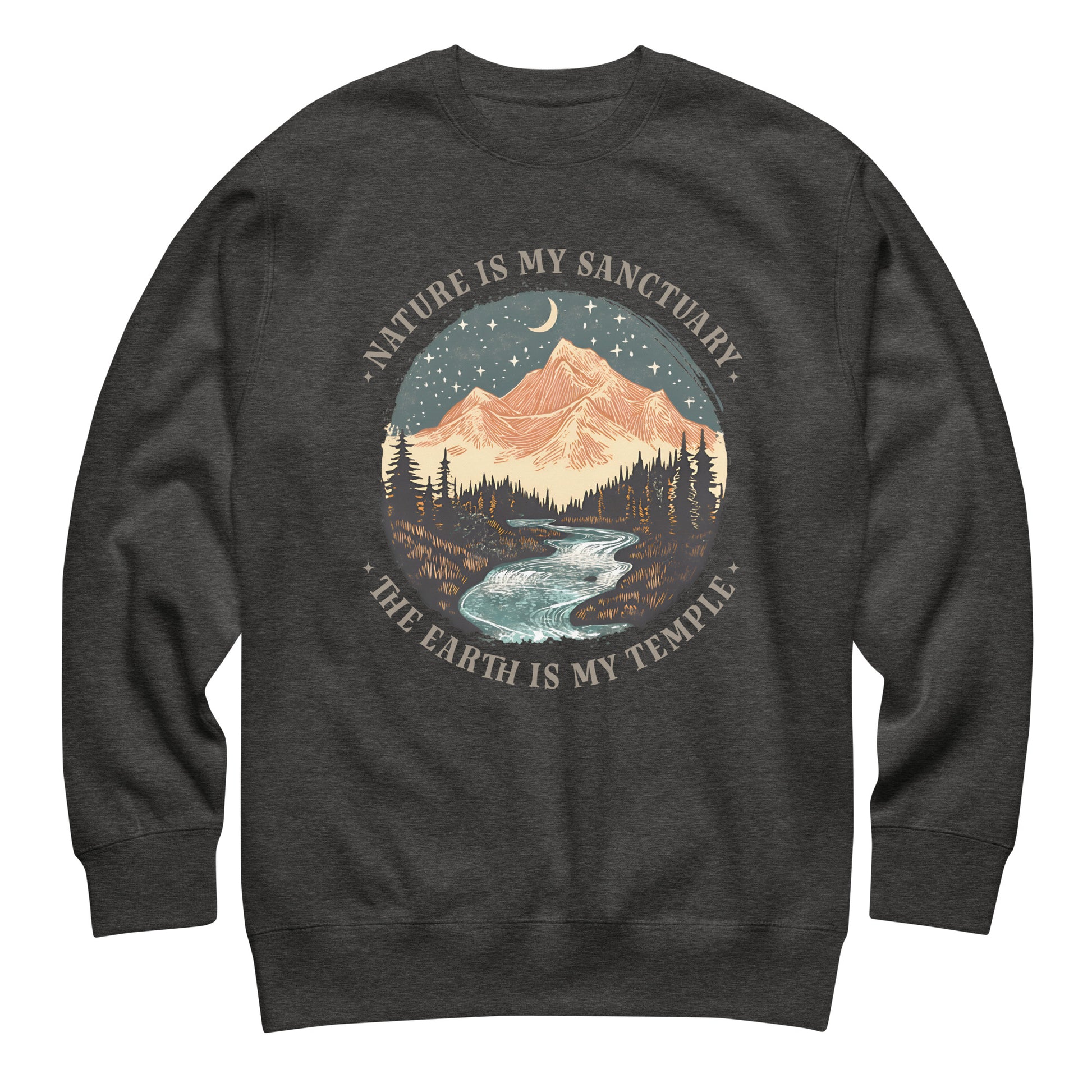 Dark heather unisex sweatshirt featuring circular mountain landscape graphic with nature sanctuary message in earthy outdoor lifestyle apparel.