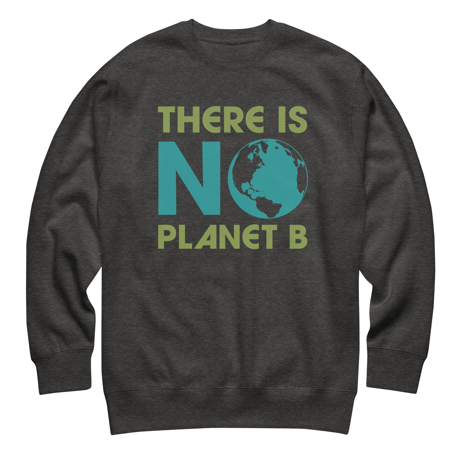 Dark heather sweatshirt displaying “There Is No Planet B” wording with globe icon in minimalist sustainability-focused activist design.