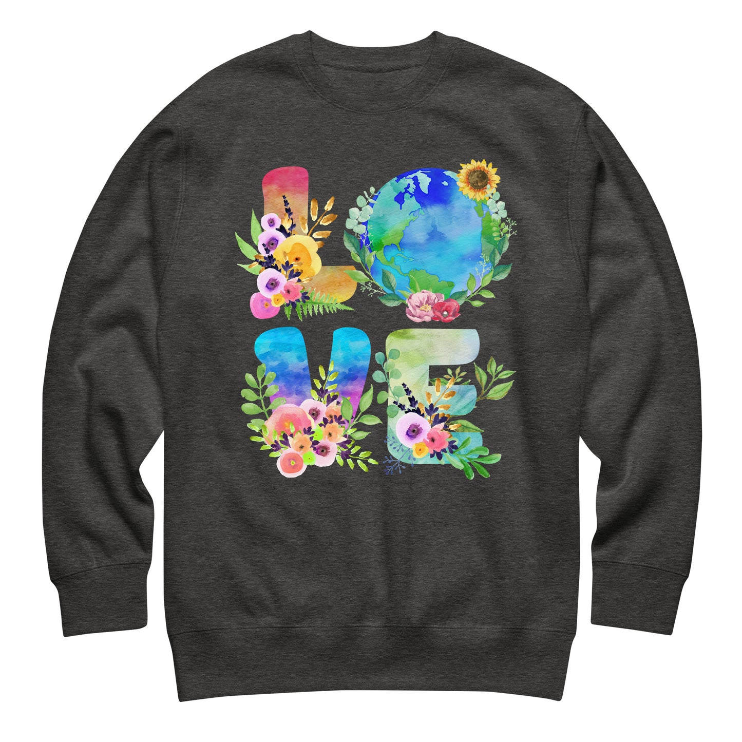Dark heather unisex sweatshirt displaying “LOVE” graphic with Earth and flowers, bold climate change awareness design in nature-inspired style.