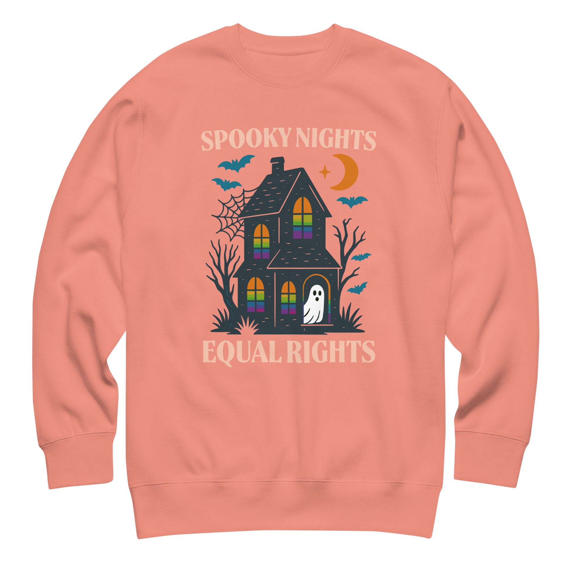 Dusty rose unisex sweatshirt with “Spooky Nights, Equal Rights” text and haunted house design, cozy feminist fall fashion.