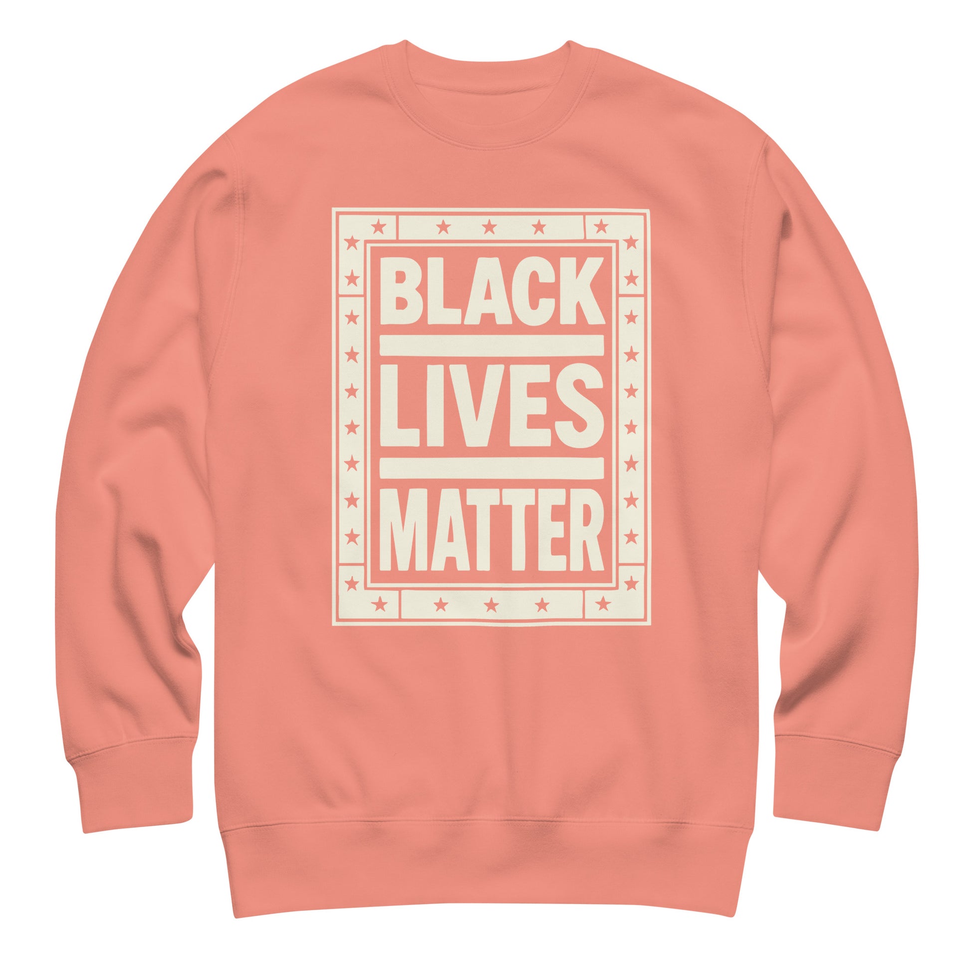 Dusty rose unisex premium sweatshirt featuring the framed cream “BLACK LIVES MATTER” design, blending soft color with a strong social-justice statement from Blue Wave USA.