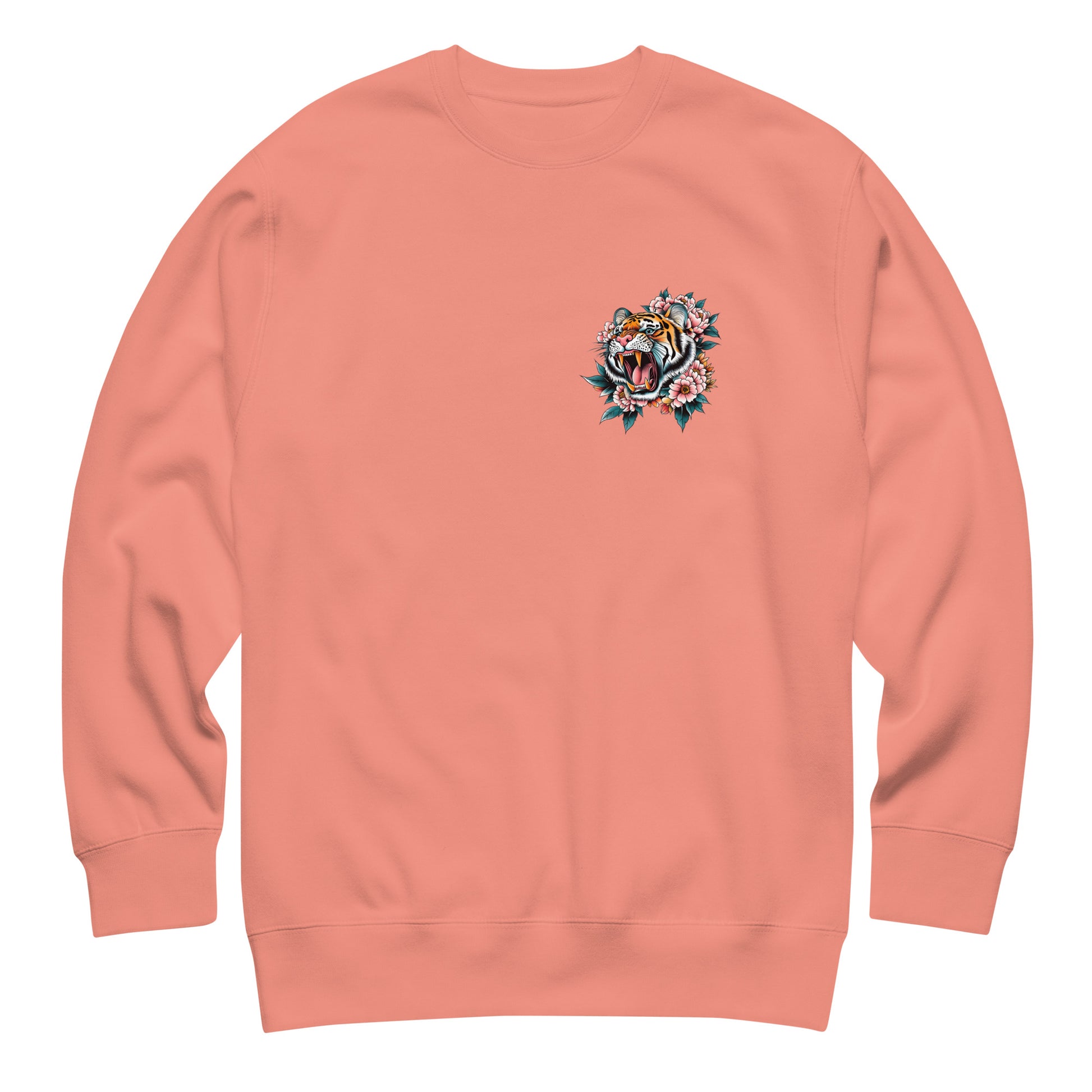 Peach unisex premium sweatshirt featuring small tiger emblem on chest, companion artwork supporting “Women Don’t Owe You Sh*t” activist apparel.