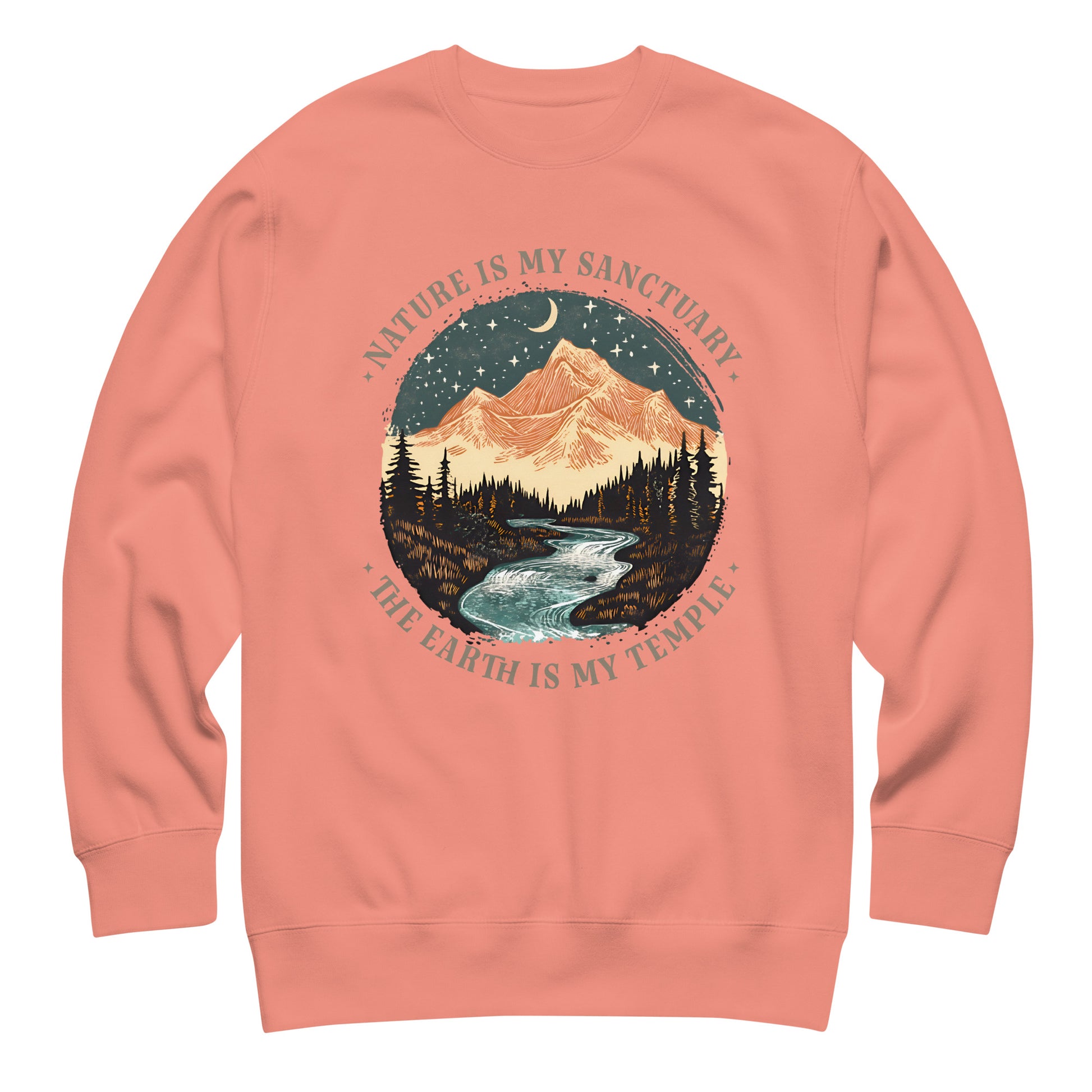Coral unisex premium sweatshirt displaying mountain and river illustration with “Nature Is My Sanctuary — The Earth Is My Temple” text in nature-inspired design.