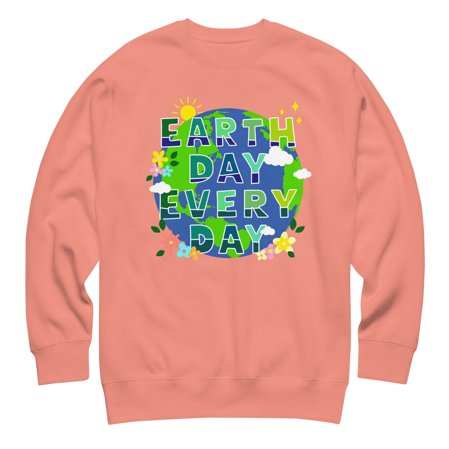 Blue Wave USA coral sweatshirt featuring colorful Earth graphic with flowers and environmental awareness wording in playful eco design.
