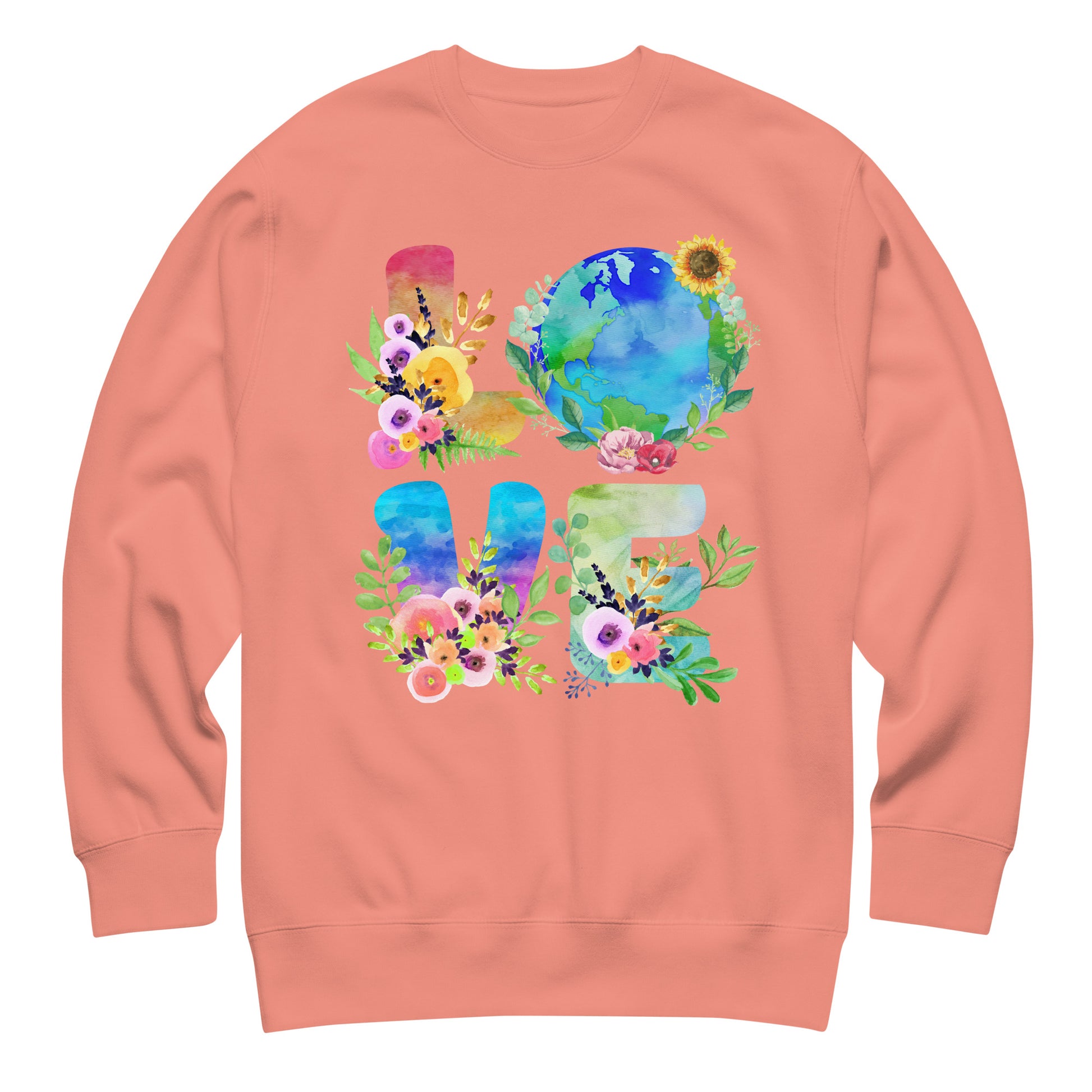 Coral unisex premium sweatshirt featuring floral “LOVE” lettering with globe illustration in bright eco-friendly lifestyle apparel design.