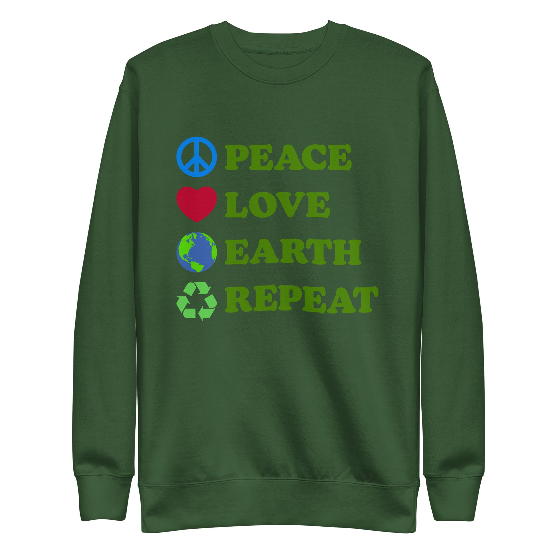 Front View Image: Peace Love Earth Repeat sweatshirt shown flat with full front design
