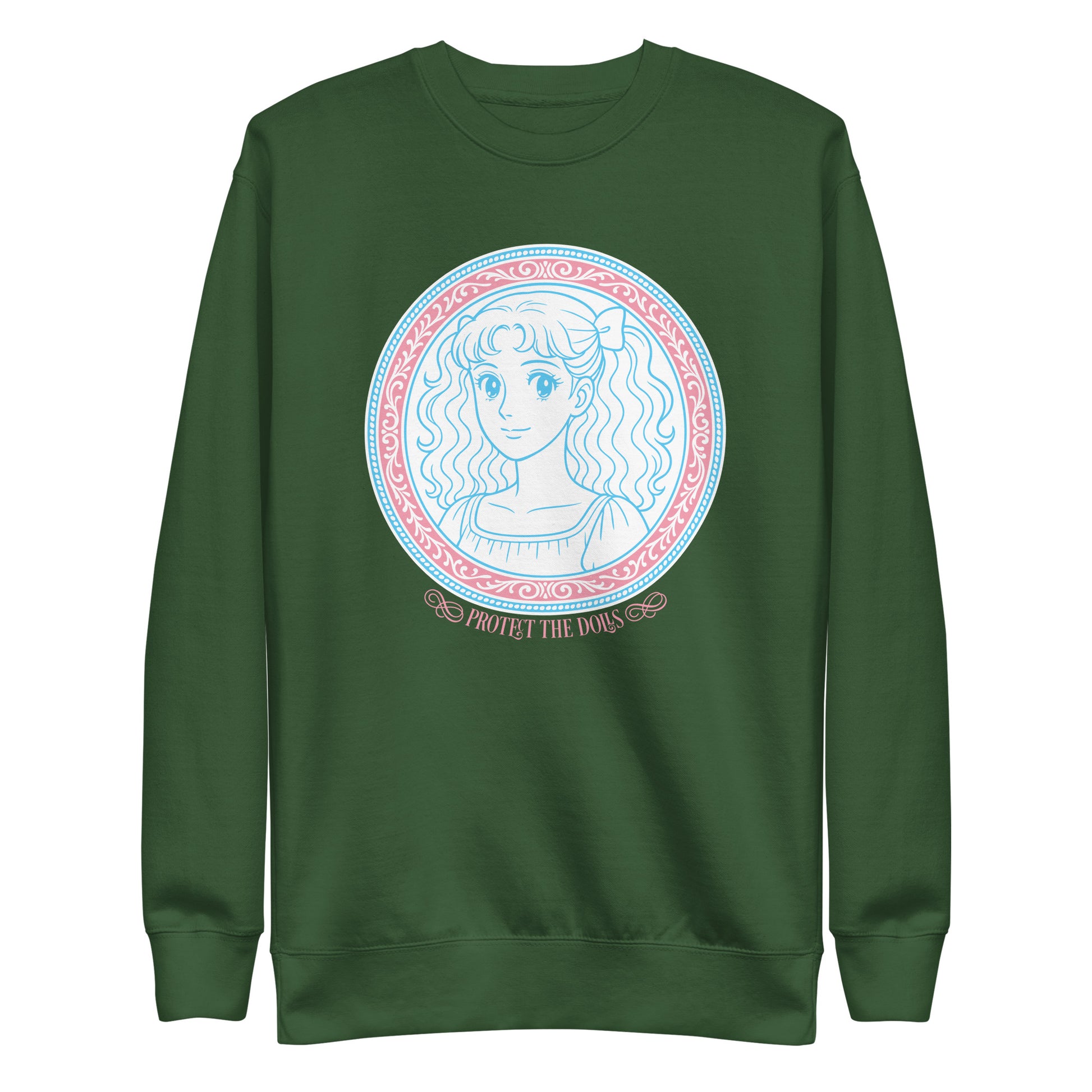 Front View Image: Protect The Dolls premium sweatshirt with pastel trans pride anime design