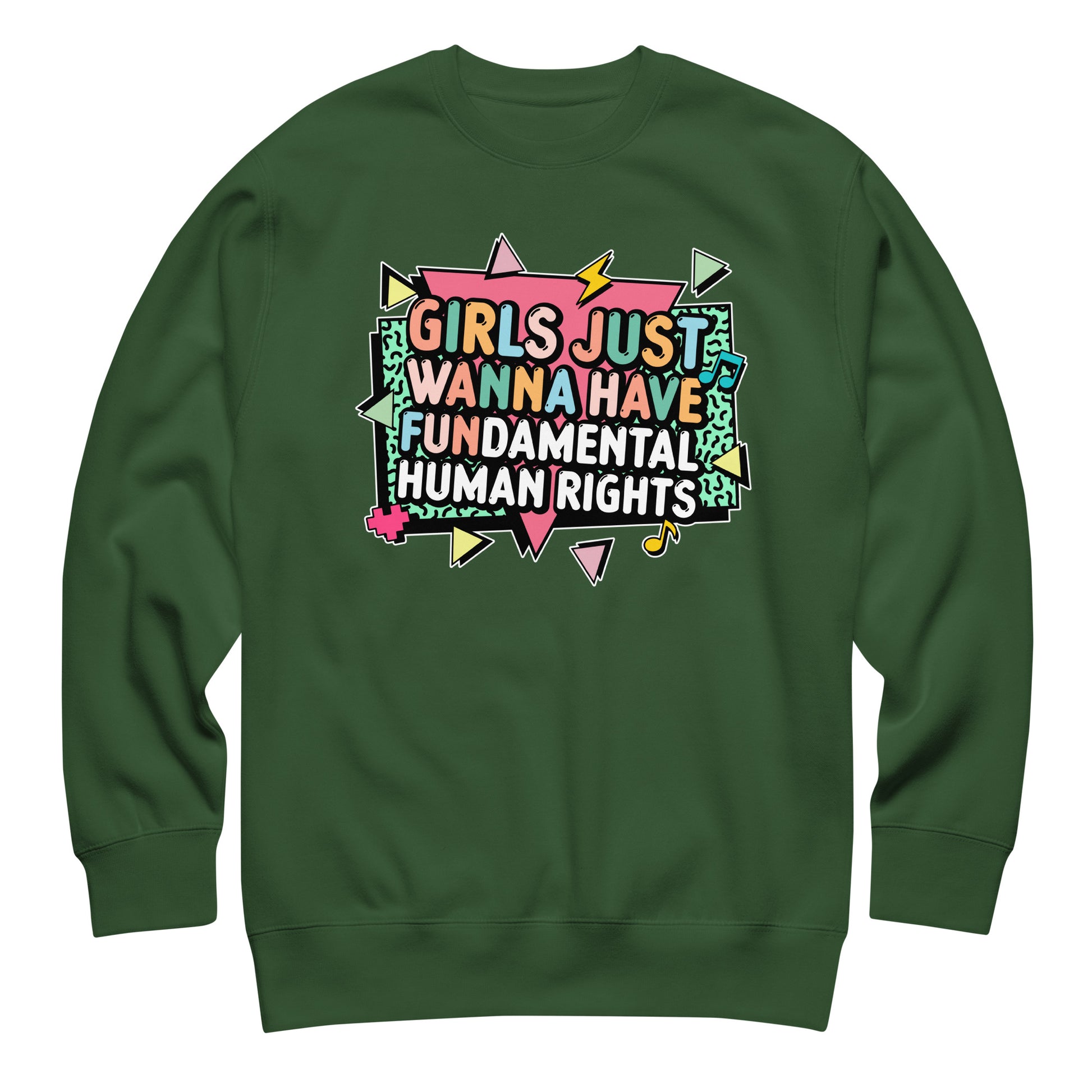 Forest green crewneck with bold pastel design and geometric accents. Cozy feminist sweatshirt spreading equality and empowerment.