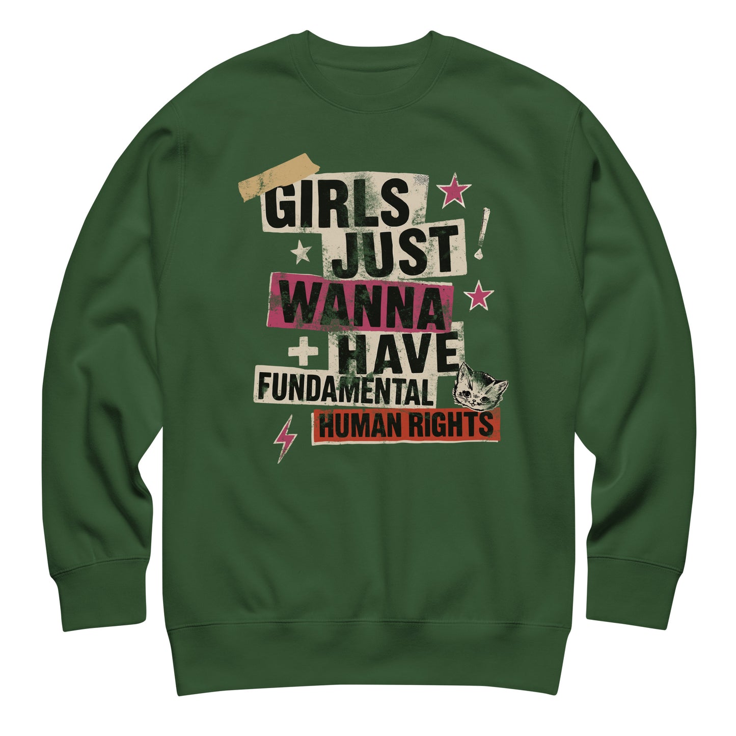 Forest green sweatshirt featuring distressed feminist collage typography and pink star graphics. Bold progressive streetwear by Blue Wave USA.