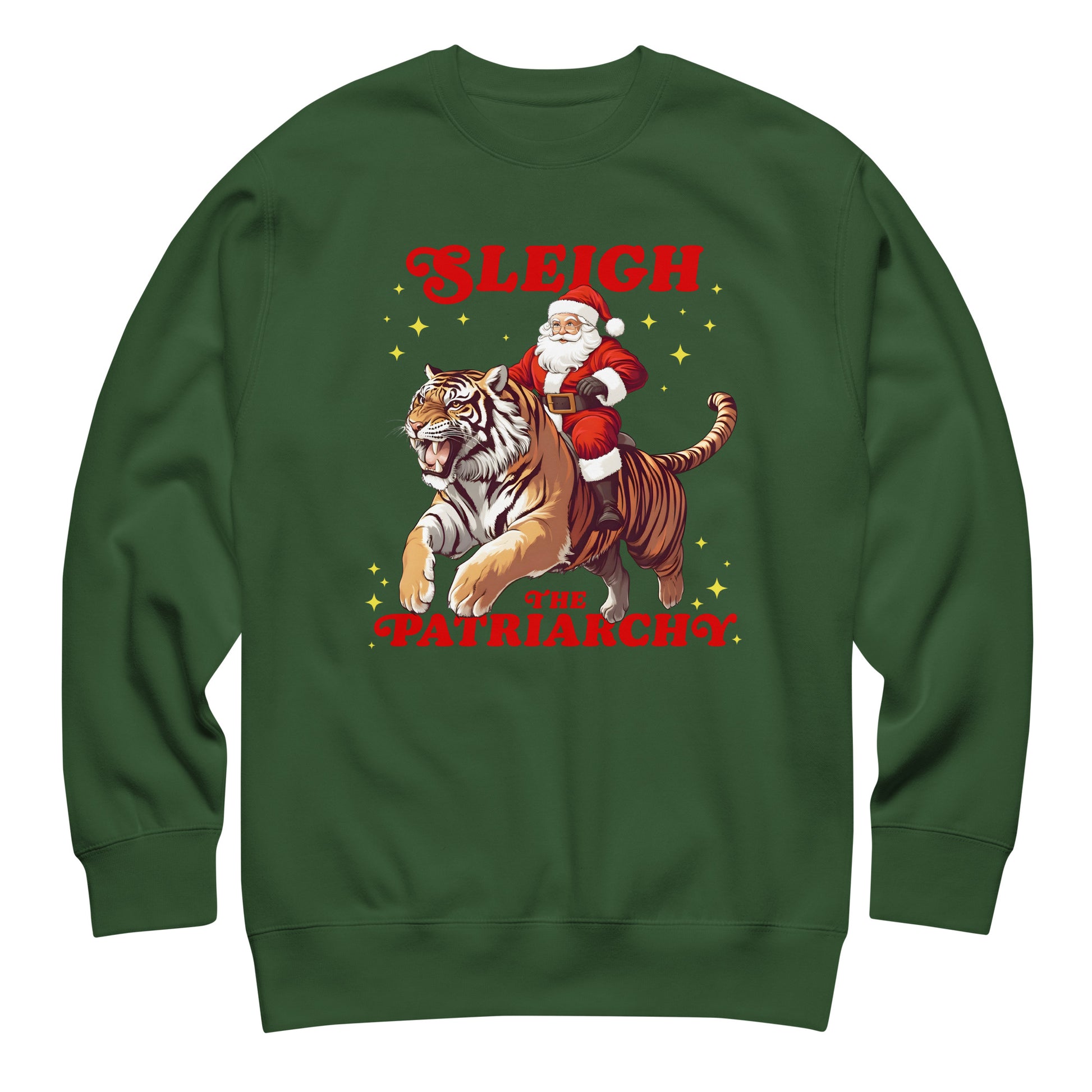 Green crewneck sweatshirt with a vibrant “Sleigh the Patriarchy” print of Santa and a tiger. A bold seasonal statement from Blue Wave USA.