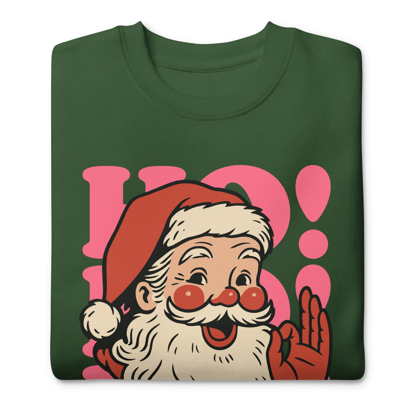 Close-up of the green sweatshirt showing the illustrated Santa face, pink retro shapes, and “Joy and Equality for All.”