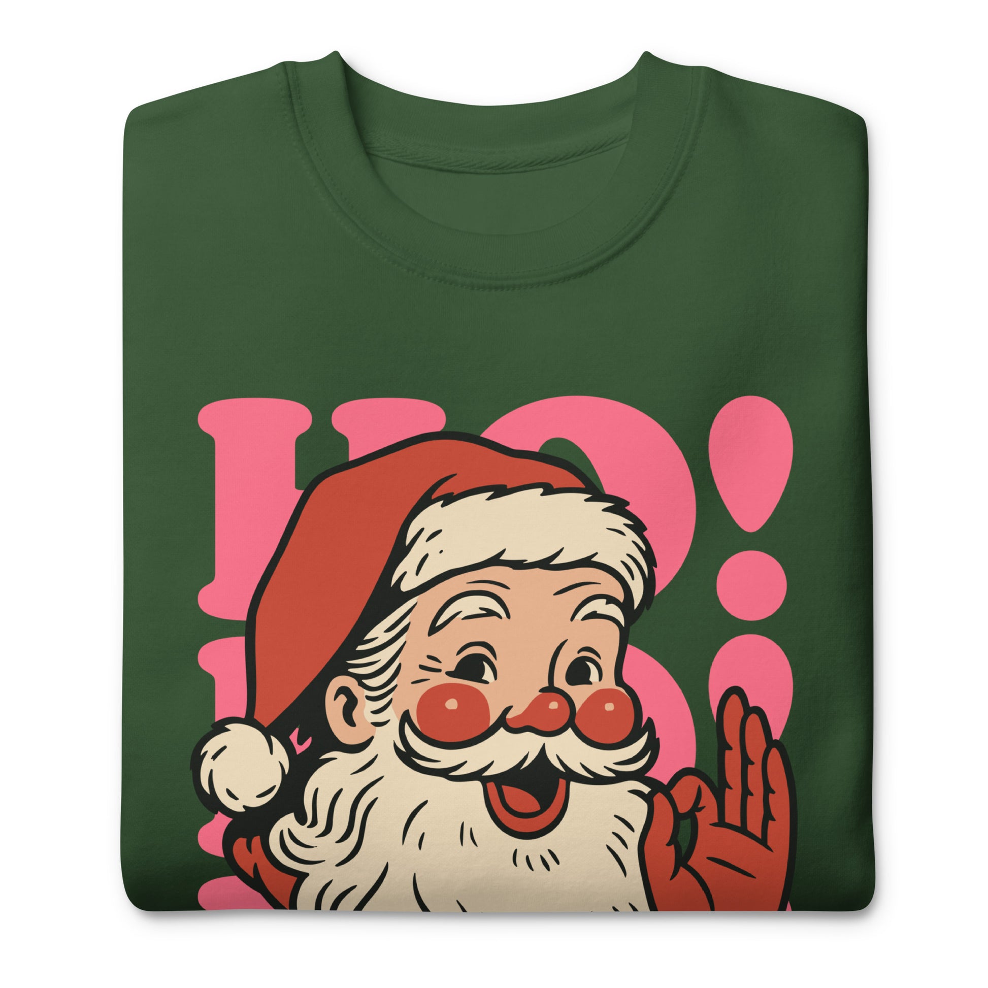 Close-up of the green sweatshirt showing the illustrated Santa face, pink retro shapes, and “Joy and Equality for All.”