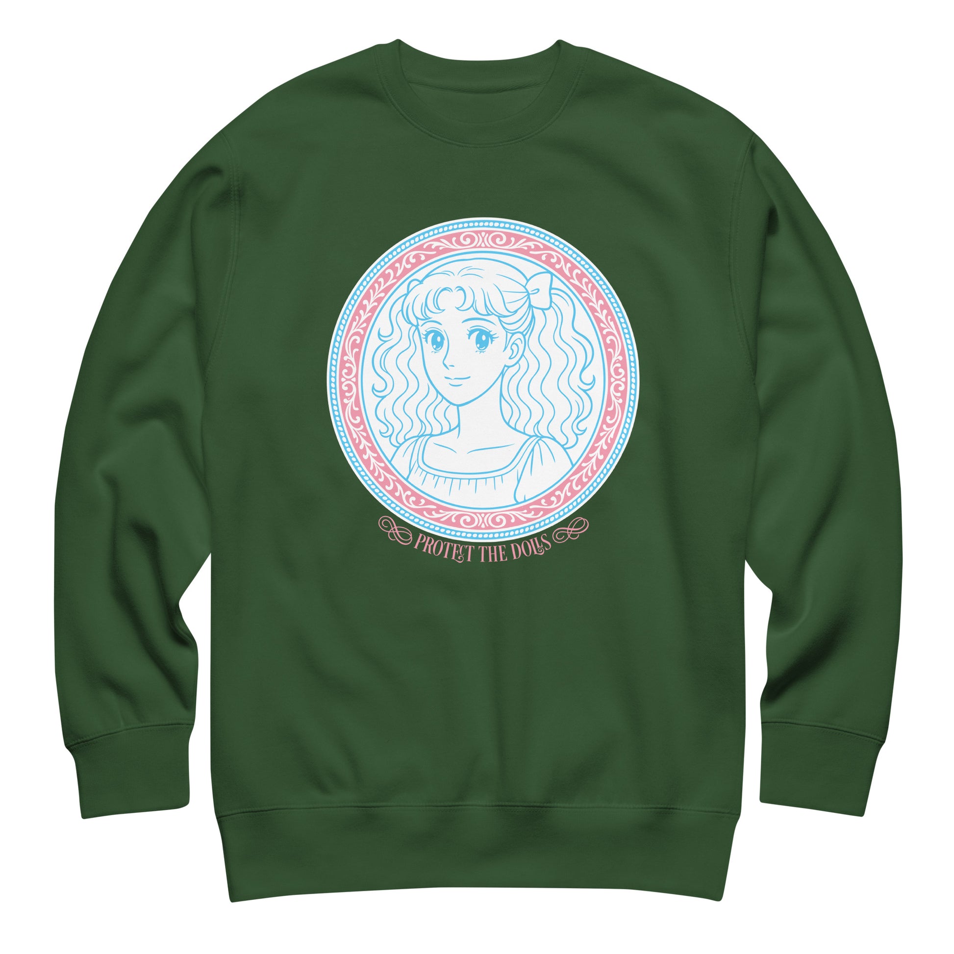 Forest green unisex premium sweatshirt displaying circular pastel anime-inspired illustration with detailed blue line art and the phrase “Protect The Dolls” by Blue Wave USA.