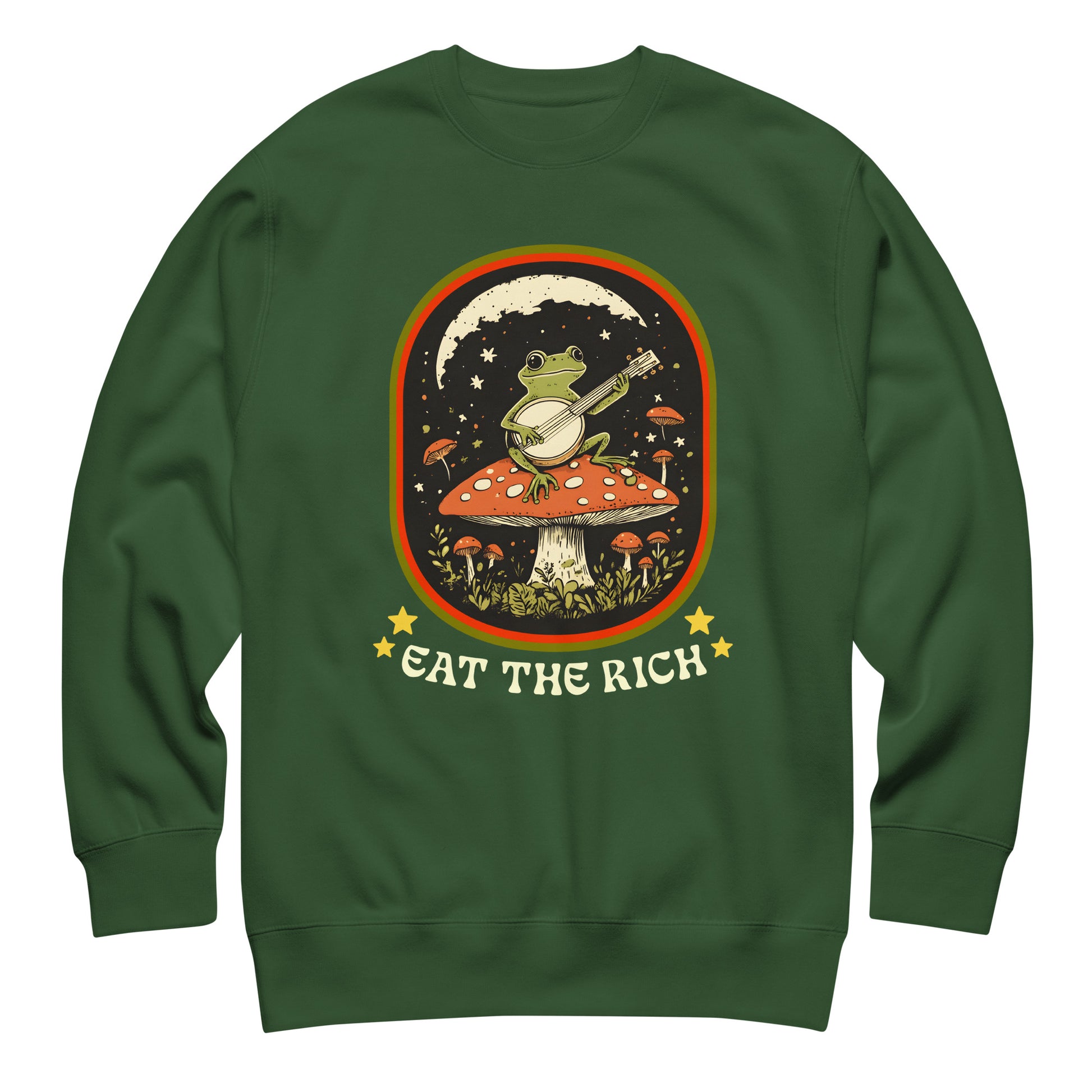 Forest green unisex premium sweatshirt featuring vintage frog banjo illustration with bold “Eat The Rich” protest artwork.