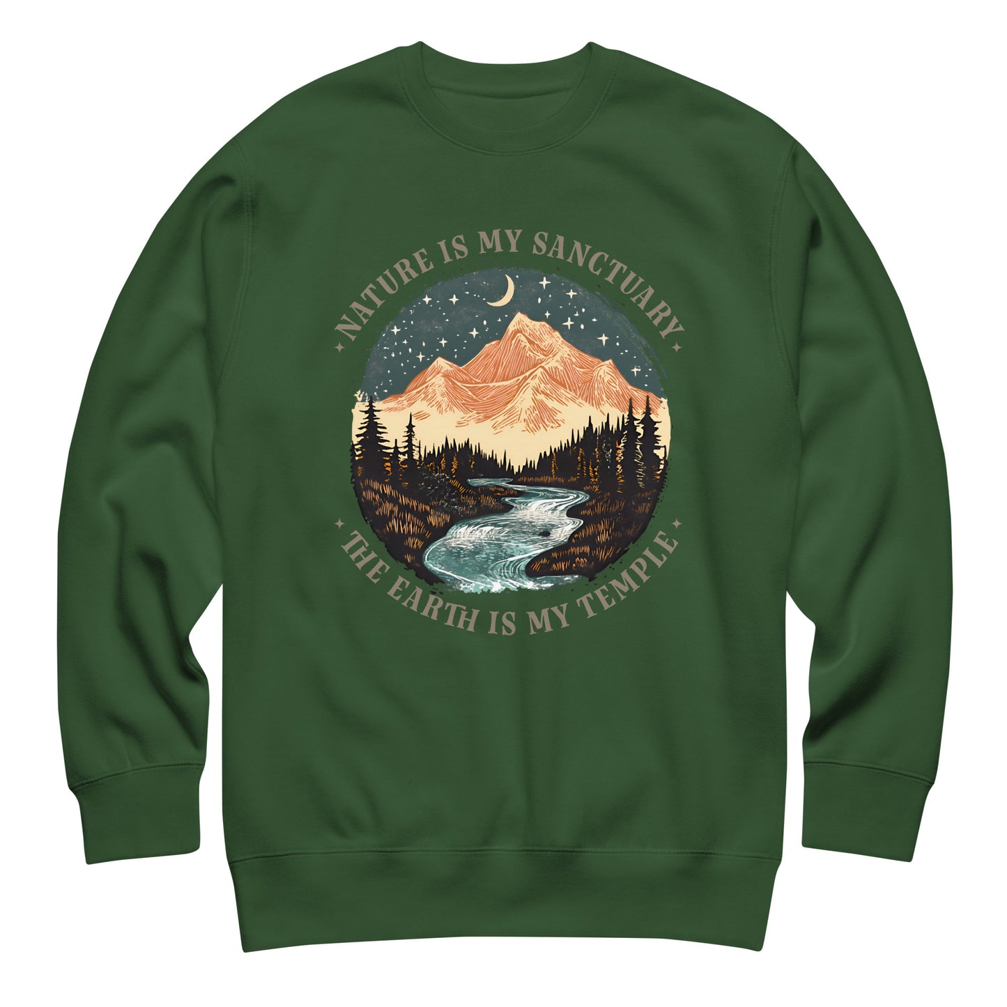 Forest green unisex sweatshirt with scenic mountain and pine forest illustration and nature sanctuary wording in outdoor lifestyle design.