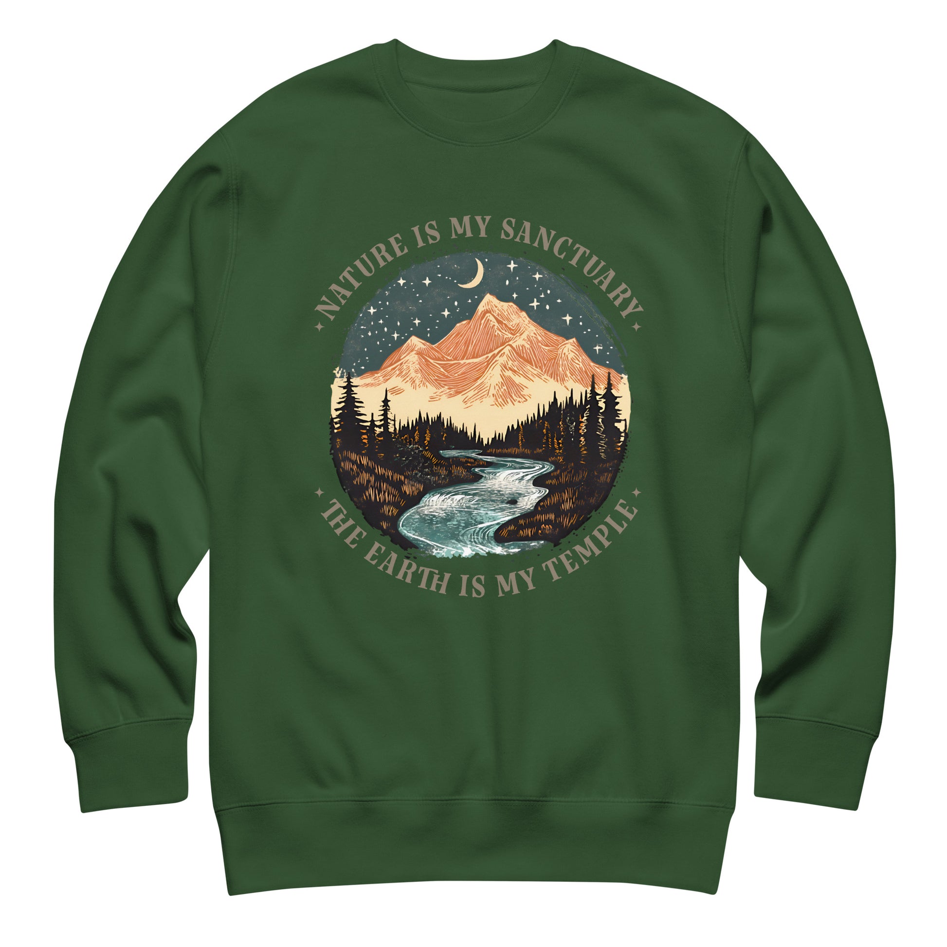 Forest green unisex sweatshirt with scenic mountain and pine forest illustration and nature sanctuary wording in outdoor lifestyle design.