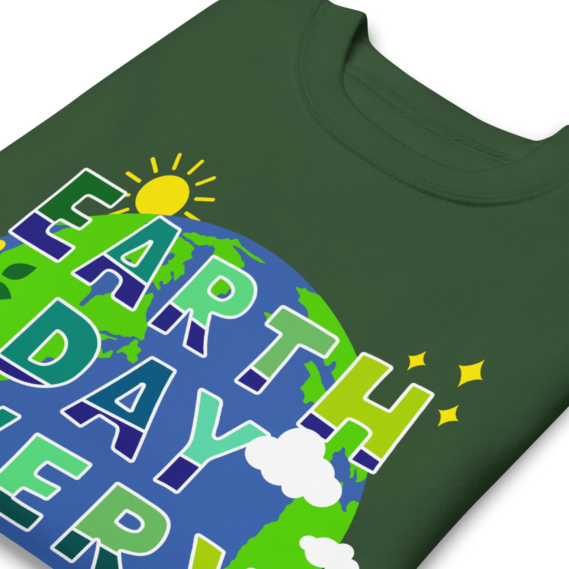 Close-up green sweatshirt print showing vibrant Earth illustration with plants and “Earth Day Every Day” wording in nature-inspired design.