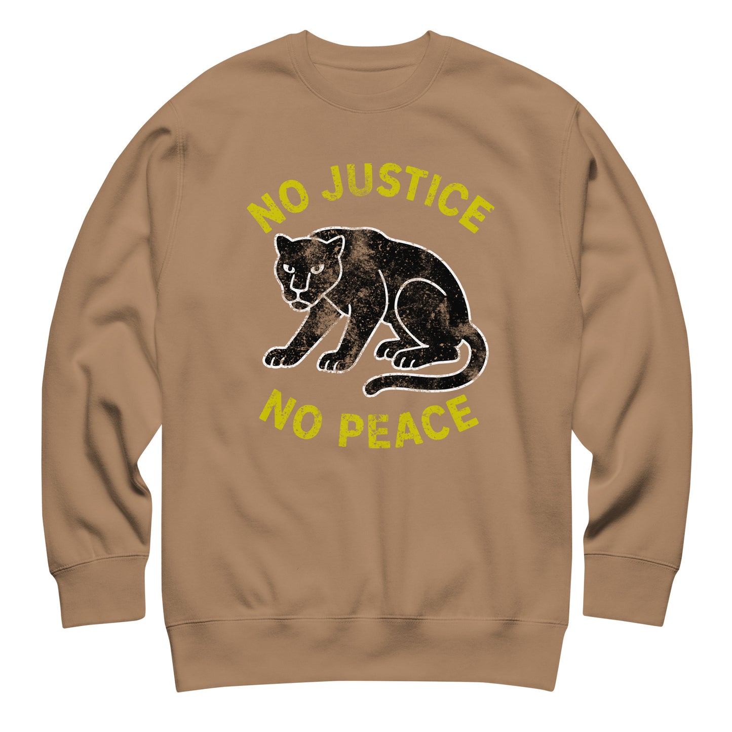 Tan unisex sweatshirt featuring “NO JUSTICE NO PEACE” and distressed panther illustration. Progressive apparel focused on justice messaging and textured design accents.
