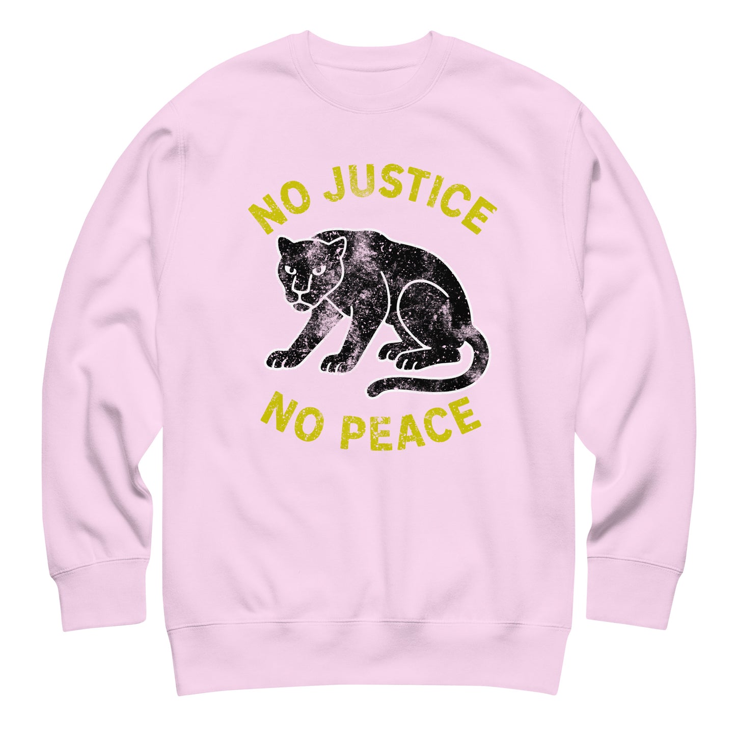 Light pink unisex sweatshirt printed with “NO JUSTICE NO PEACE” and chalk-style panther graphic. Activist apparel featuring soft tones and justice-driven artwork.
