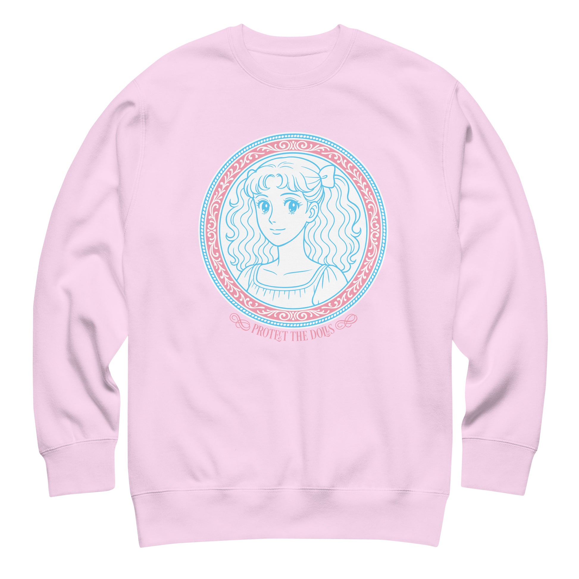 Lavender unisex premium sweatshirt displaying circular pastel illustration with blue linework, pink ornamental frame, and the phrase “Protect The Dolls.”