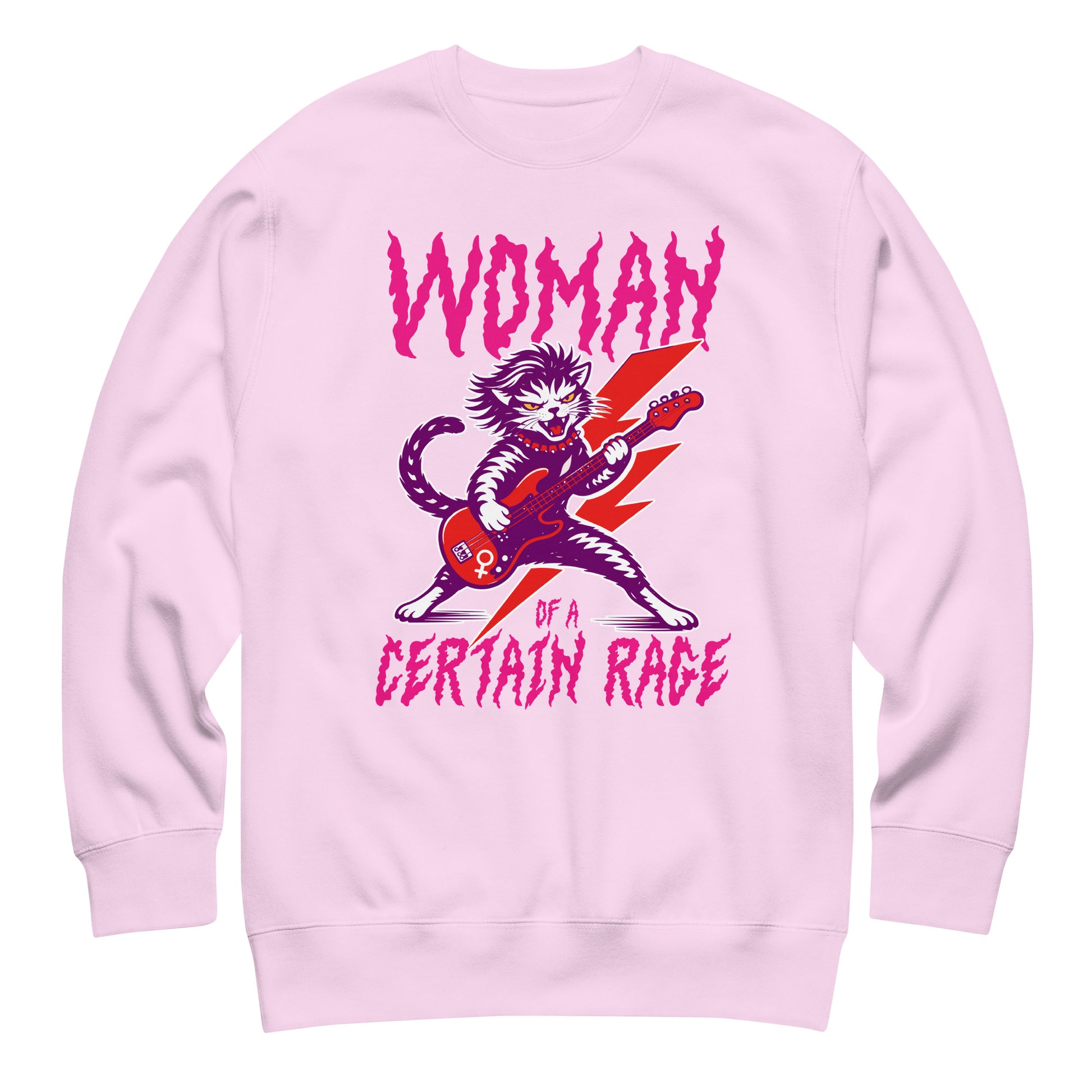 Lavender unisex premium sweatshirt shown flat, showcasing the punk rock cat illustration with electric guitar and distressed text reading “WOMAN OF A CERTAIN RAGE,” playful colorway from Blue Wave USA.