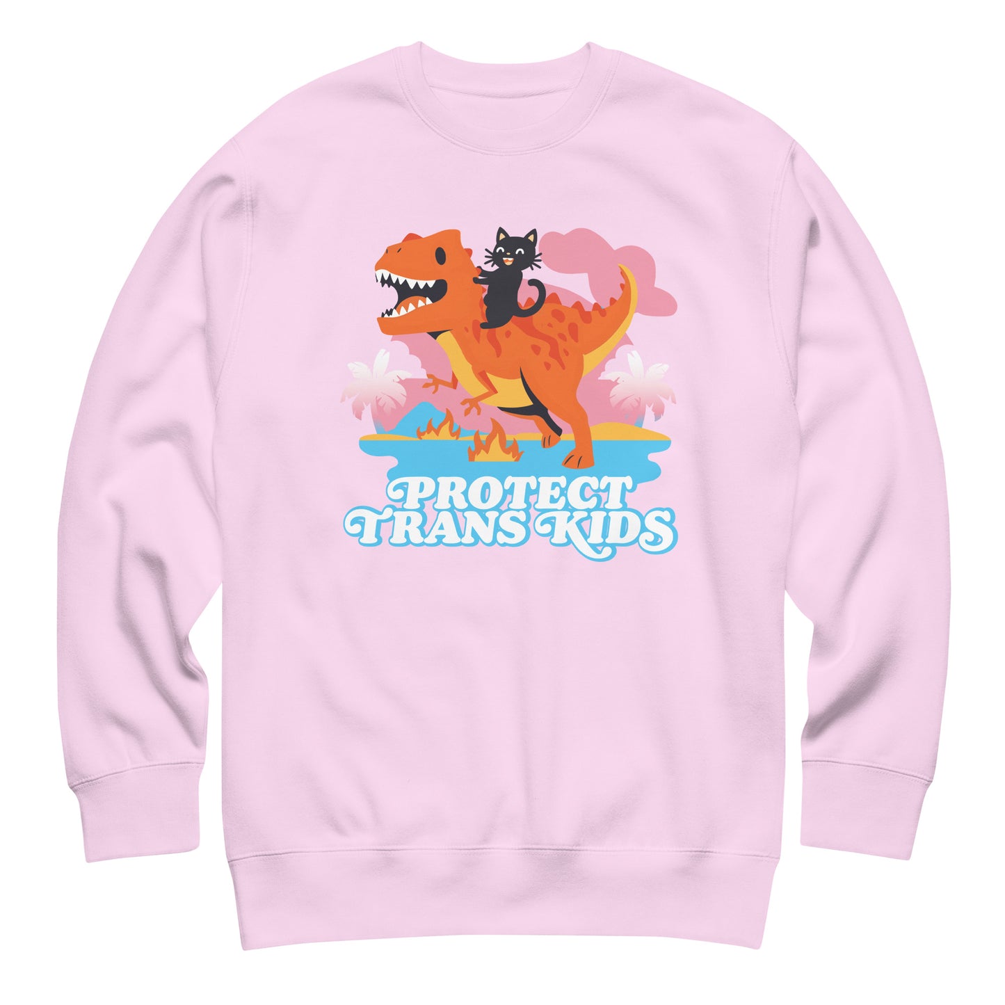 Lavender unisex premium sweatshirt featuring vibrant dinosaur and ally cat illustration above bold retro typography reading “Protect Trans Kids.”