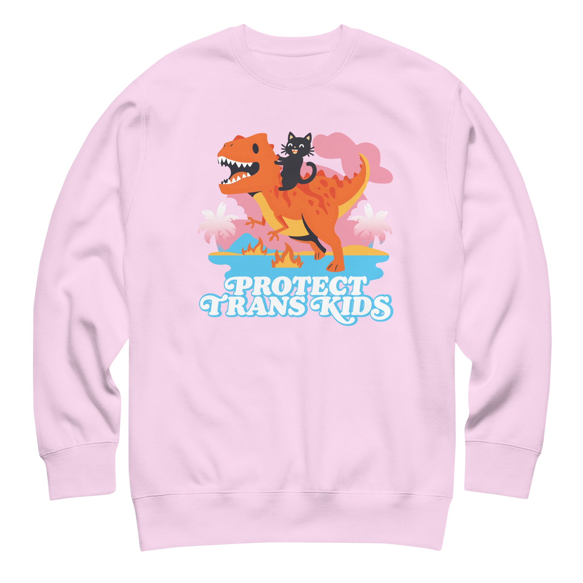Lavender unisex premium sweatshirt featuring vibrant dinosaur and ally cat illustration above bold retro typography reading “Protect Trans Kids.”