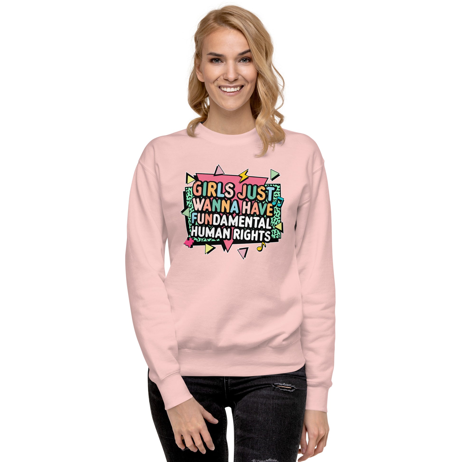 Model wearing the pink “Girls Just Wanna Have Fundamental Human Rights” sweatshirt, styled casually. Soft feminist statement piece by Blue Wave USA.